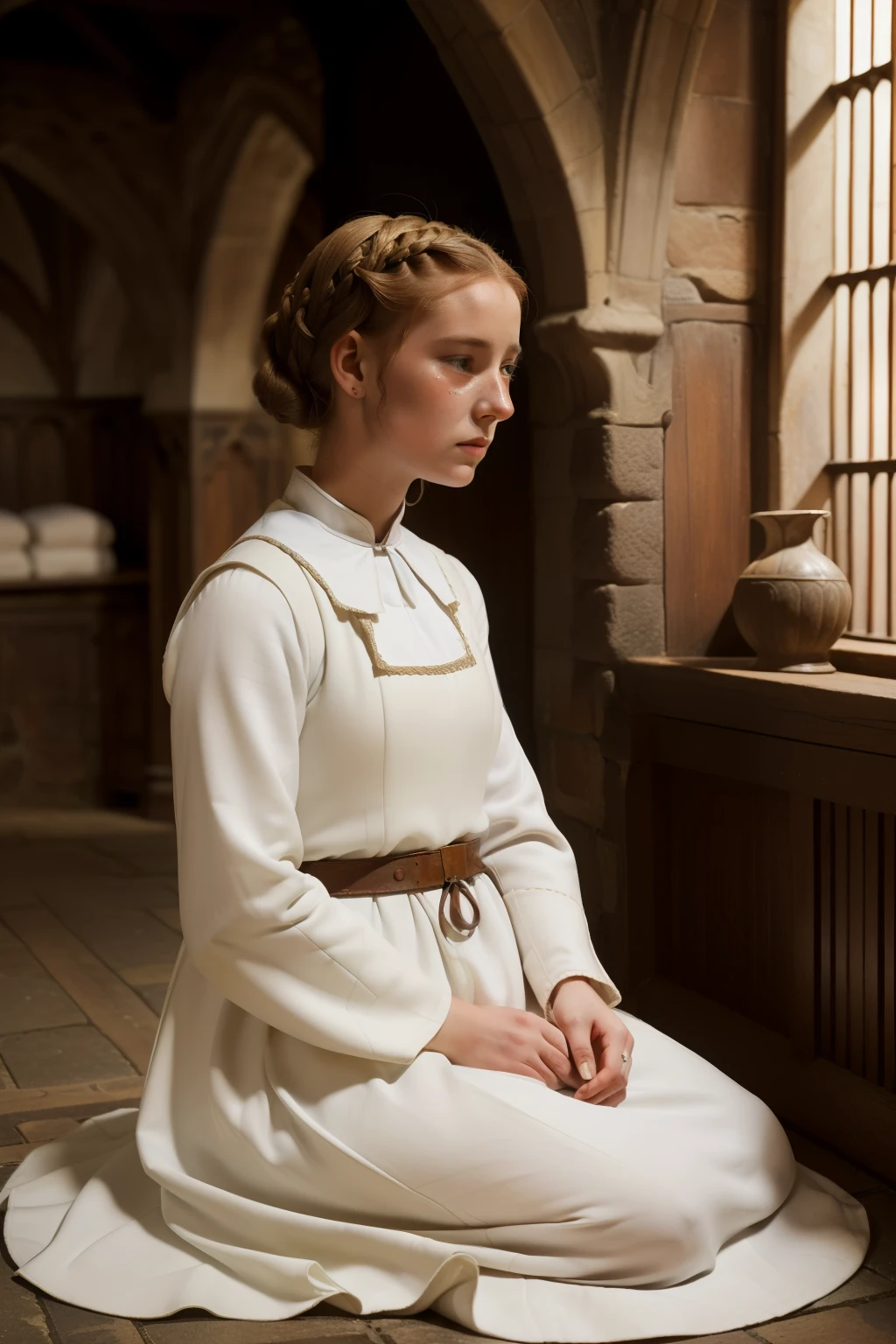 England, 1346. A young ((((29-year-old)) Caris Wooler)), attractive, expressive eyes, in the convent, ((grief expression, crying)). (((clothings from the 1340s, white uniform)))), ((light chestnut hairstyle of the 1340s))