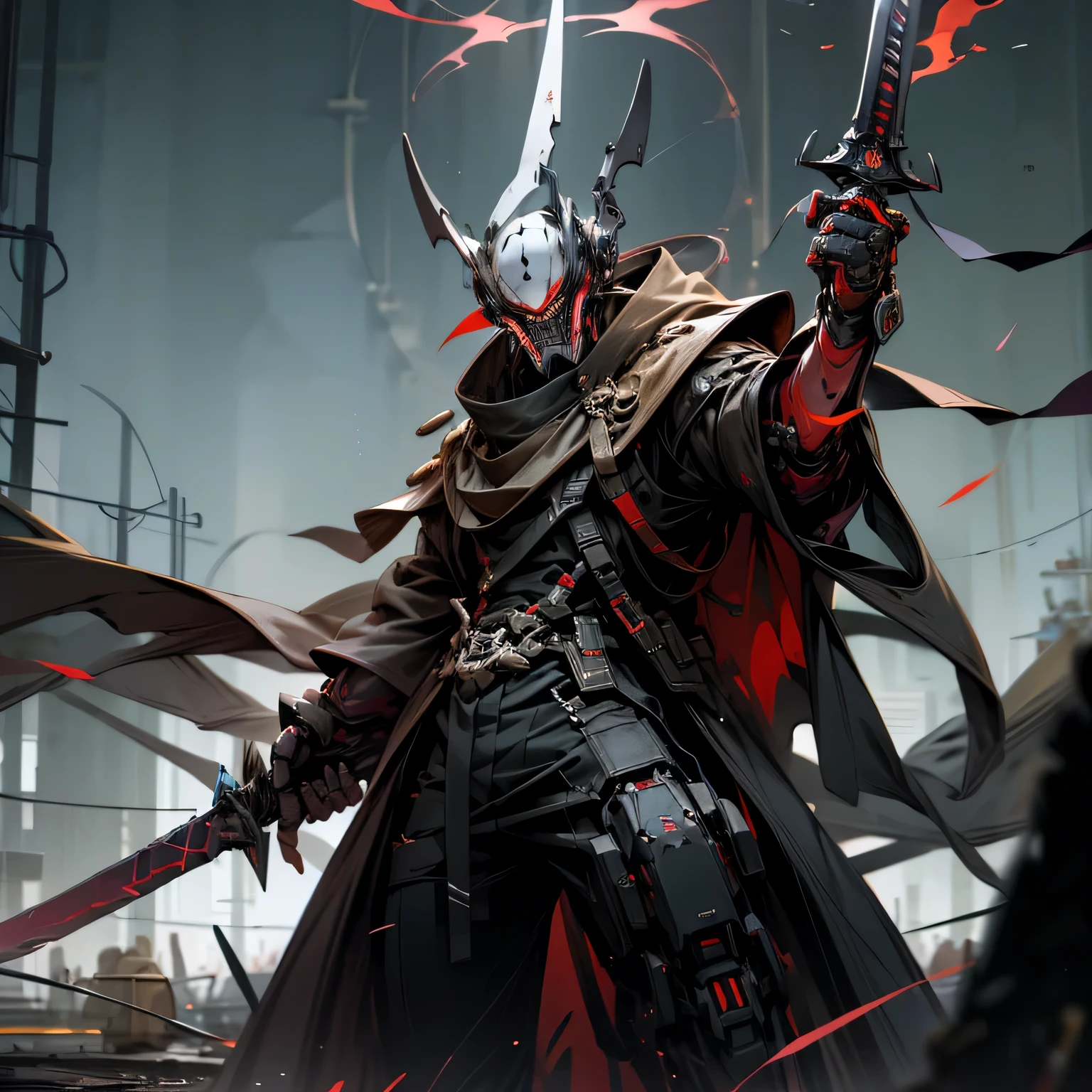 best quality, masterpiece, ultra high res, photorealistic, humanoid soul reaper, usedsickle weapon, dressed white and red, necromancer aura, fight pose.