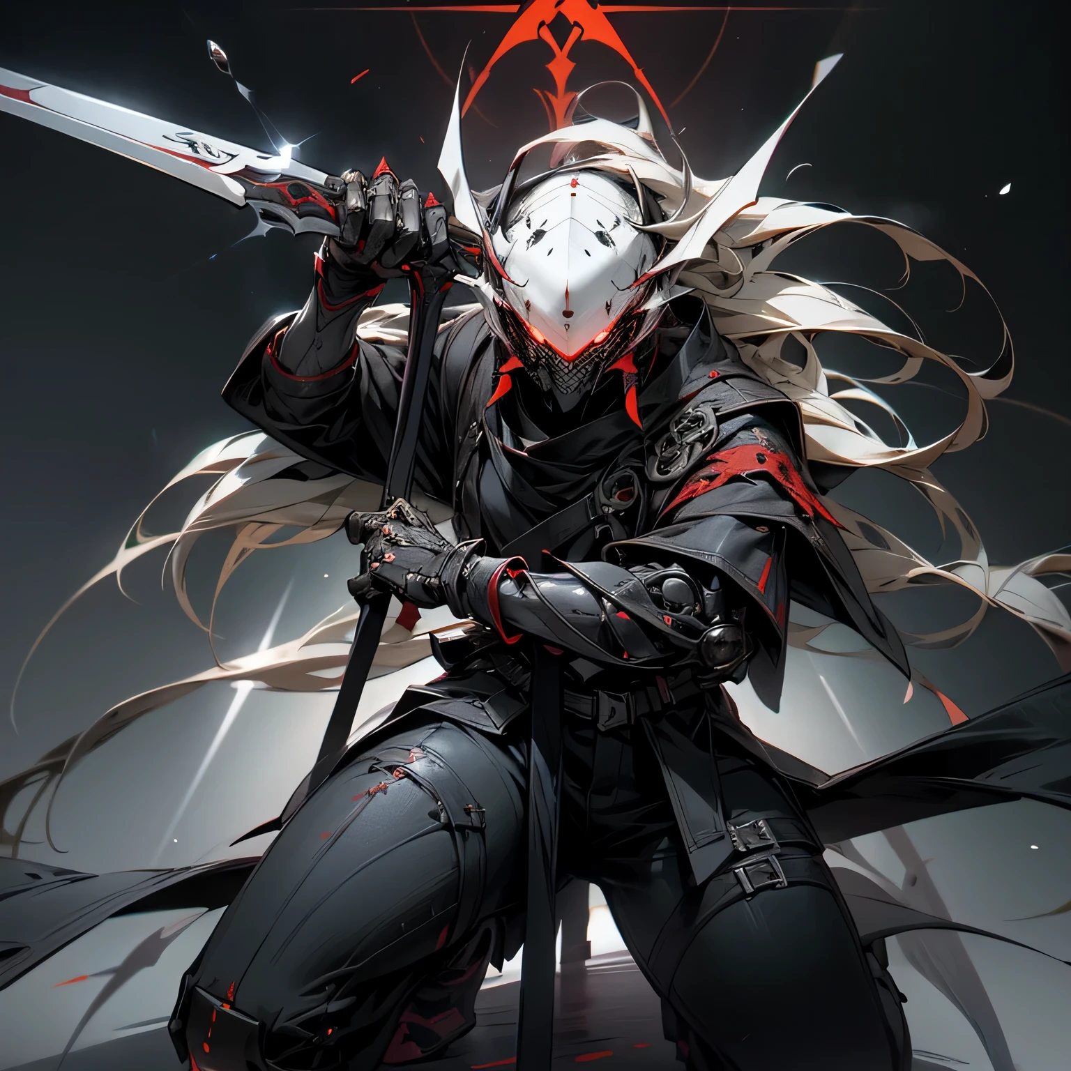 best quality, masterpiece, ultra high res, photorealistic, humanoid soul reaper, usedsickle weapon, dressed white and red, necromancer aura, fight pose.