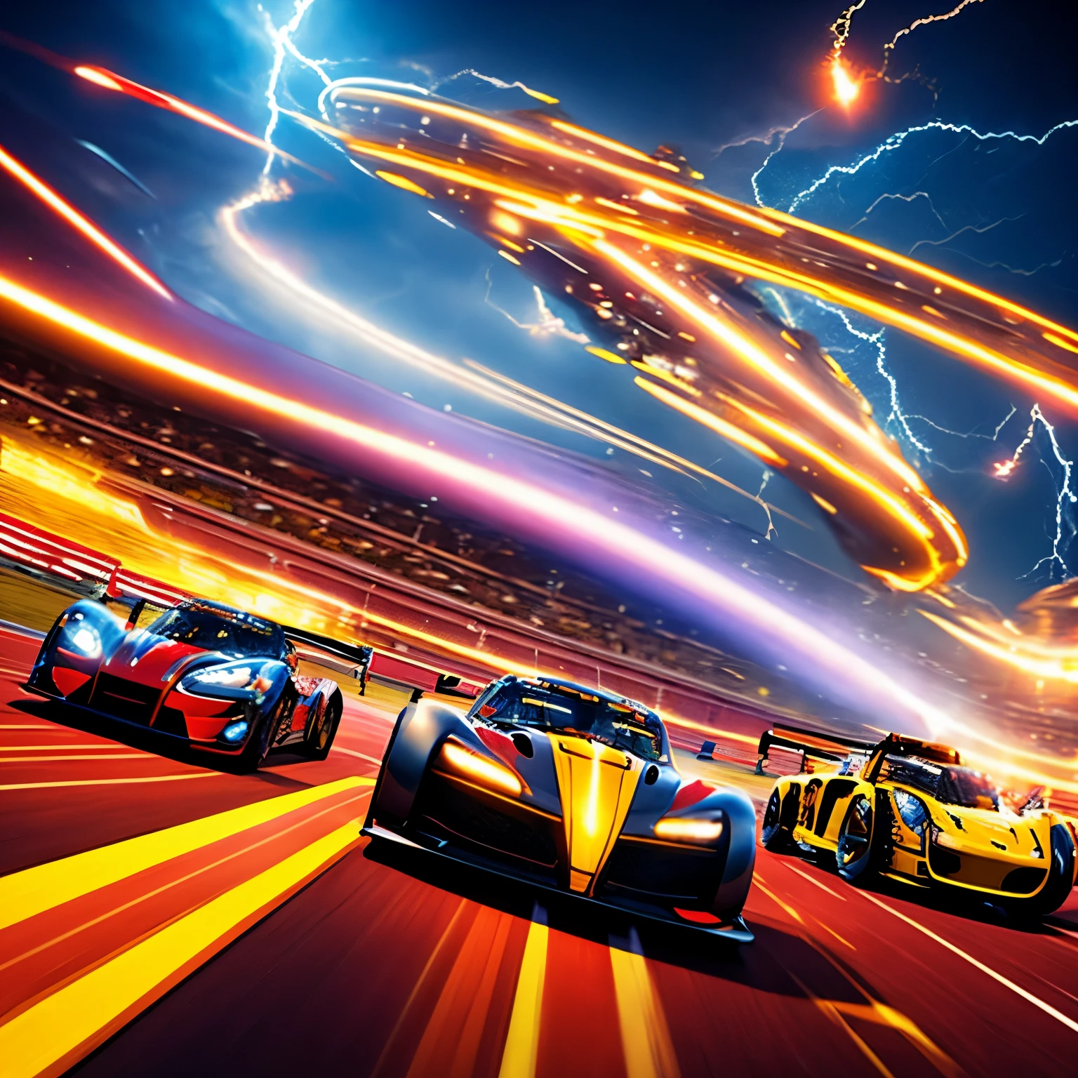 In the heart of an exhilarating futuristic scene, a thrilling race unfolds as racing cars zoom at breakneck speeds on a roller coaster-like race course. The spinning loop of the track twists and turns, pushing the limits of gravity, as spectators on the edge of their seats watch in awe. Their faces are painted with excitement and anticipation, eyes fixed on the high-speed spectacle playing out before them. With the warm lighting illuminating the sleek machines and the roar of engines piercing the air, this futuristic racing event is a captivating sight to behold.