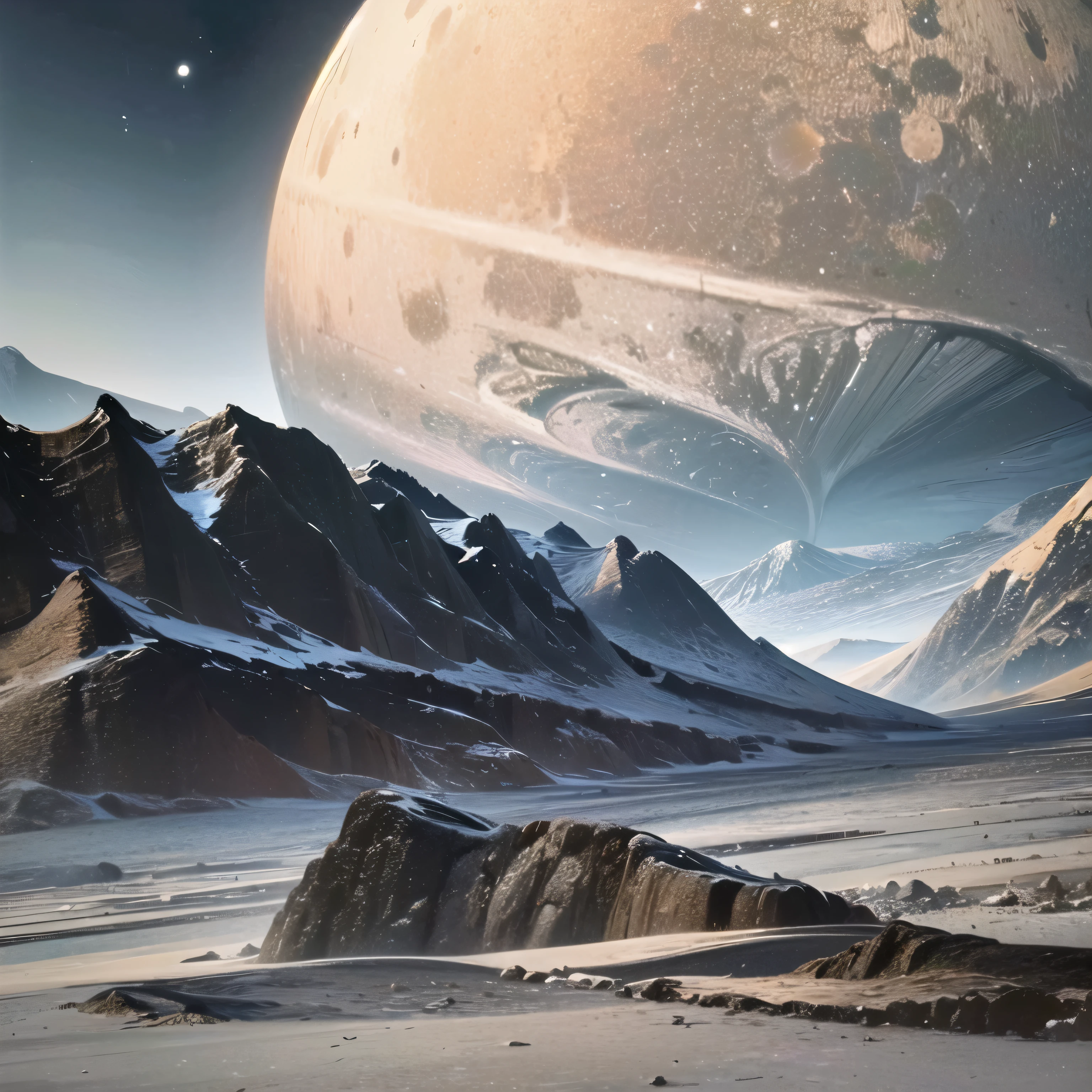 mountains and a planet in the distance with a moon in the sky, beautiful alien landscape, an alien landscape view, stunning alien landscape, landscape of an alien world, alien surface planet, amazing alien landscape, exoplanet landscape, an alien landscape, across an alien landscape, alien planet landscape, alien breathtaking landscape, planetary landscape, alien landscape, planet landscape, desert alien planet