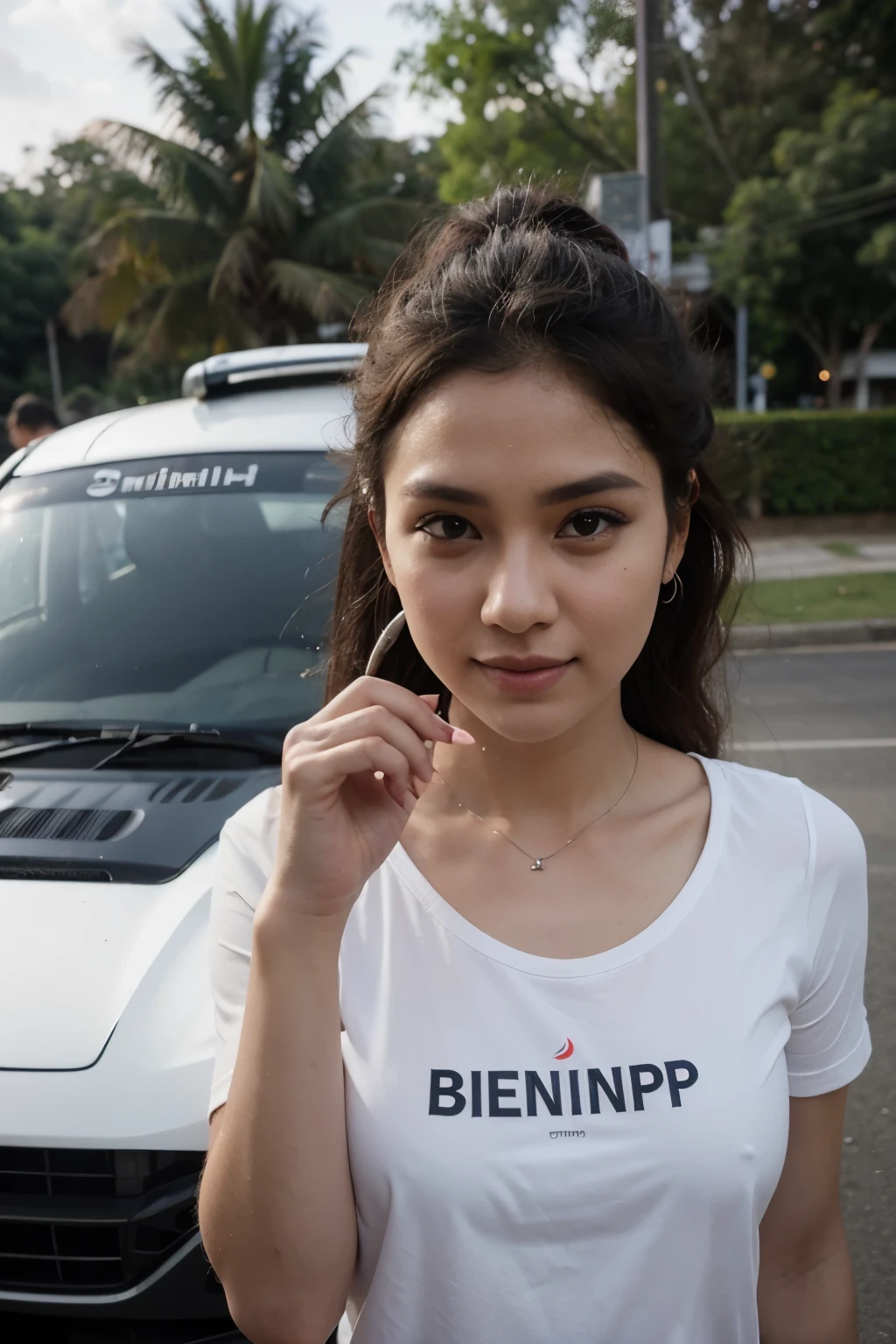 pria seorang pembalap mobil rally menghadap kedepan dengan optimistis dan wajah yang senang, memiliki wajah eropa tanpa jenggot, tanpa brewok, tanpa kumis sedang memegang piala di tengah sirkuit gurun dengan background batu yang berterbangan  