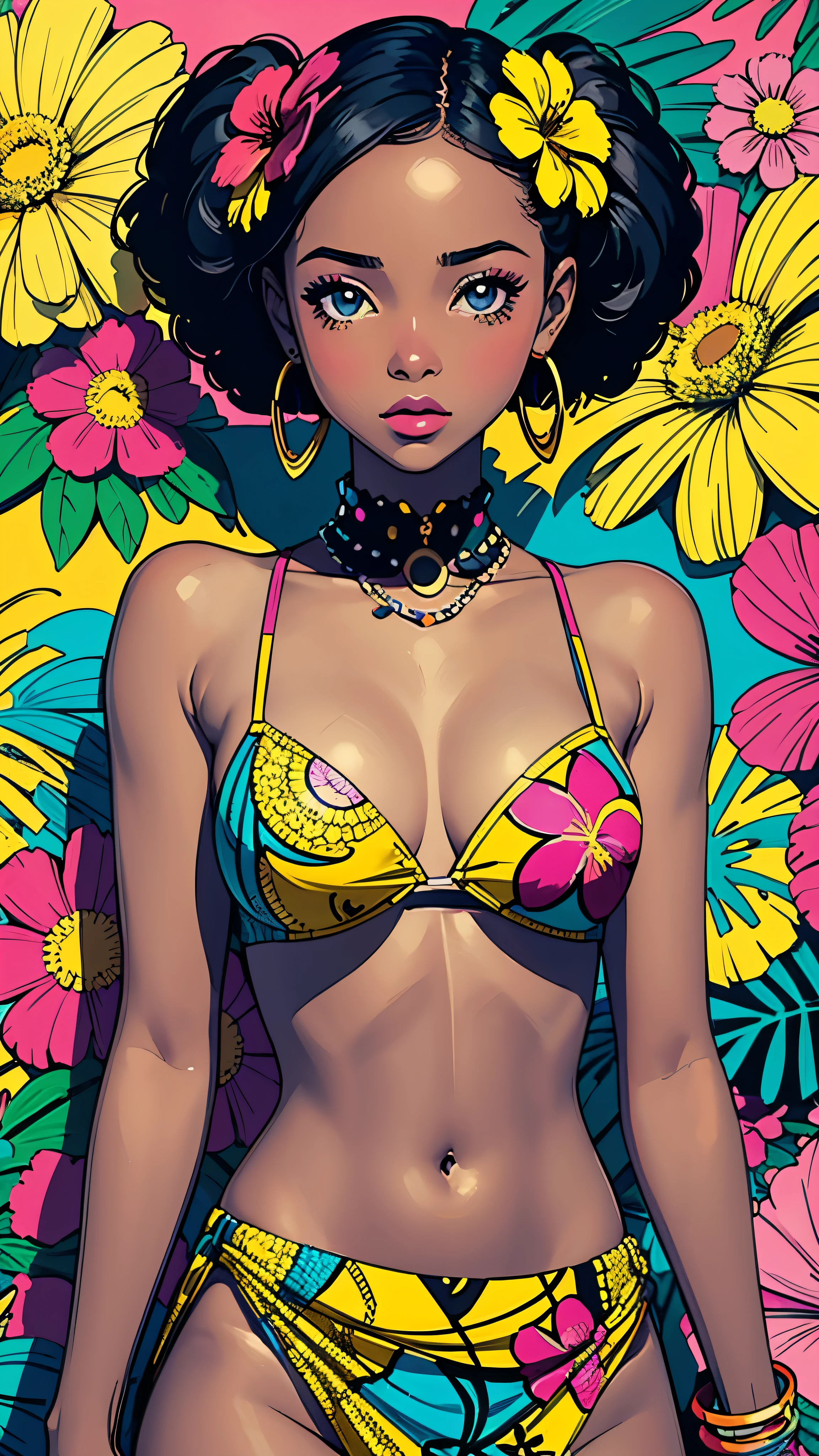 Create digital artwork in pop art style, Featuring vibrant and confident young African girls，Street fashion, Movie color schemes, Surrounded by vintage floral motifs, Vivid brush strokes,Emotions must be dynamic, Upper body, Drawing, Illustration, grayscales, Tropical, Many flowers,