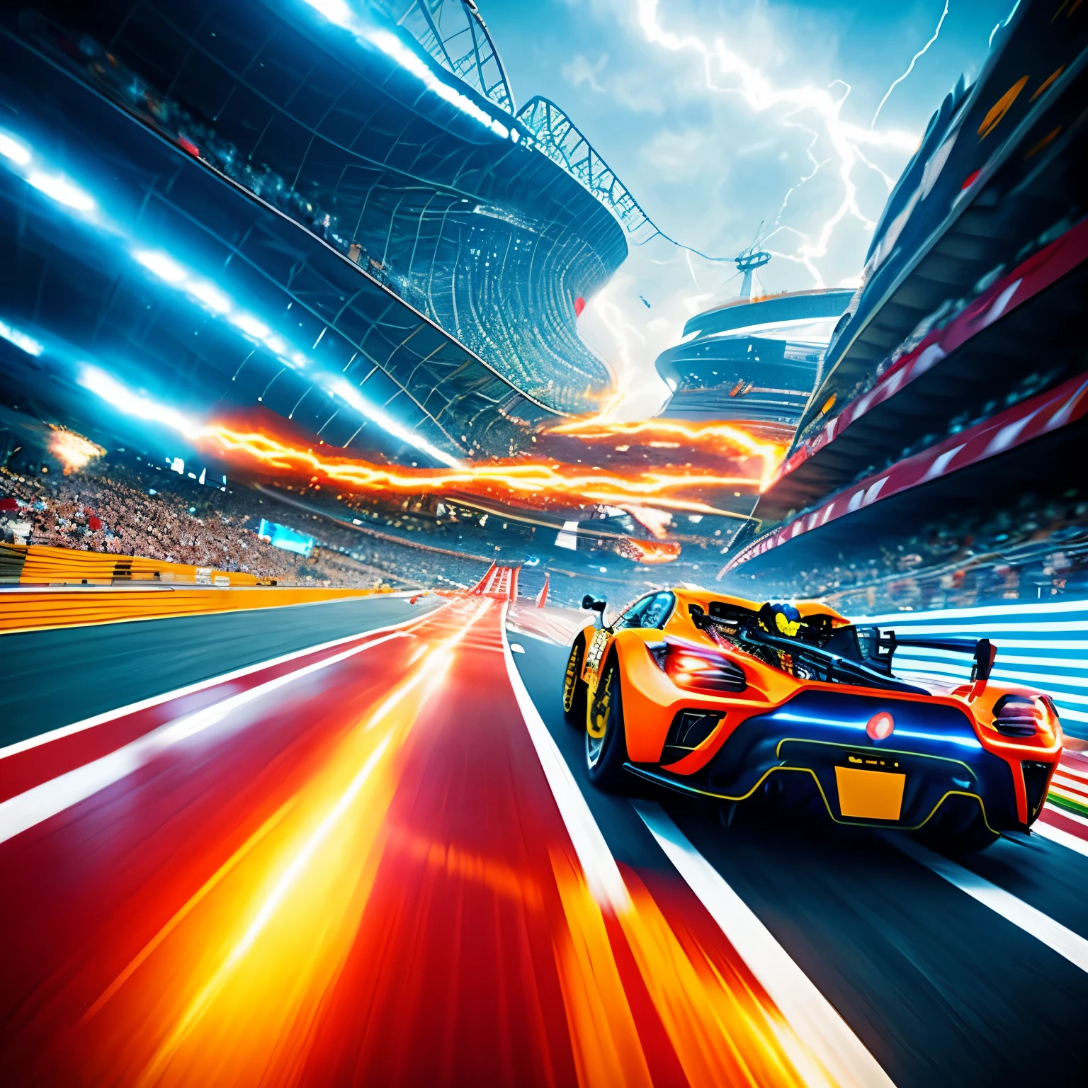 In the heart of an exhilarating futuristic scene, a thrilling race unfolds as racing cars zoom at breakneck speeds on a roller coaster-like race course. The spinning loop of the track twists and turns, pushing the limits of gravity, as spectators on the edge of their seats watch in awe. Their faces are painted with excitement and anticipation, eyes fixed on the high-speed spectacle playing out before them. With the warm lighting illuminating the sleek machines and the roar of engines piercing the air, this futuristic racing event is a captivating sight to behold.