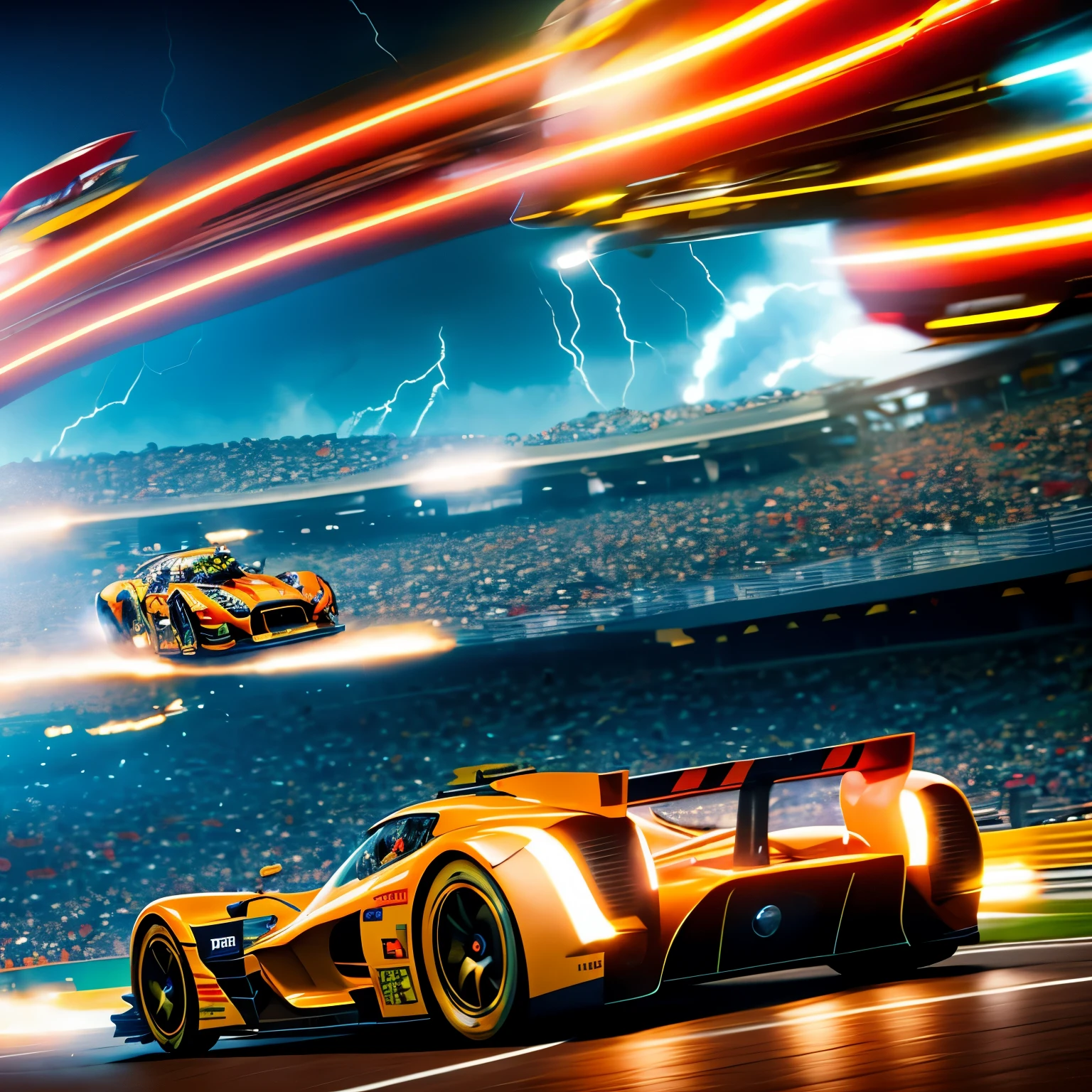 In the heart of an exhilarating futuristic scene, a thrilling race unfolds as racing cars zoom at breakneck speeds on a roller coaster-like race course. The spinning loop of the track twists and turns, pushing the limits of gravity, as spectators on the edge of their seats watch in awe. Their faces are painted with excitement and anticipation, eyes fixed on the high-speed spectacle playing out before them. With the warm lighting illuminating the sleek machines and the roar of engines piercing the air, this futuristic racing event is a captivating sight to behold.