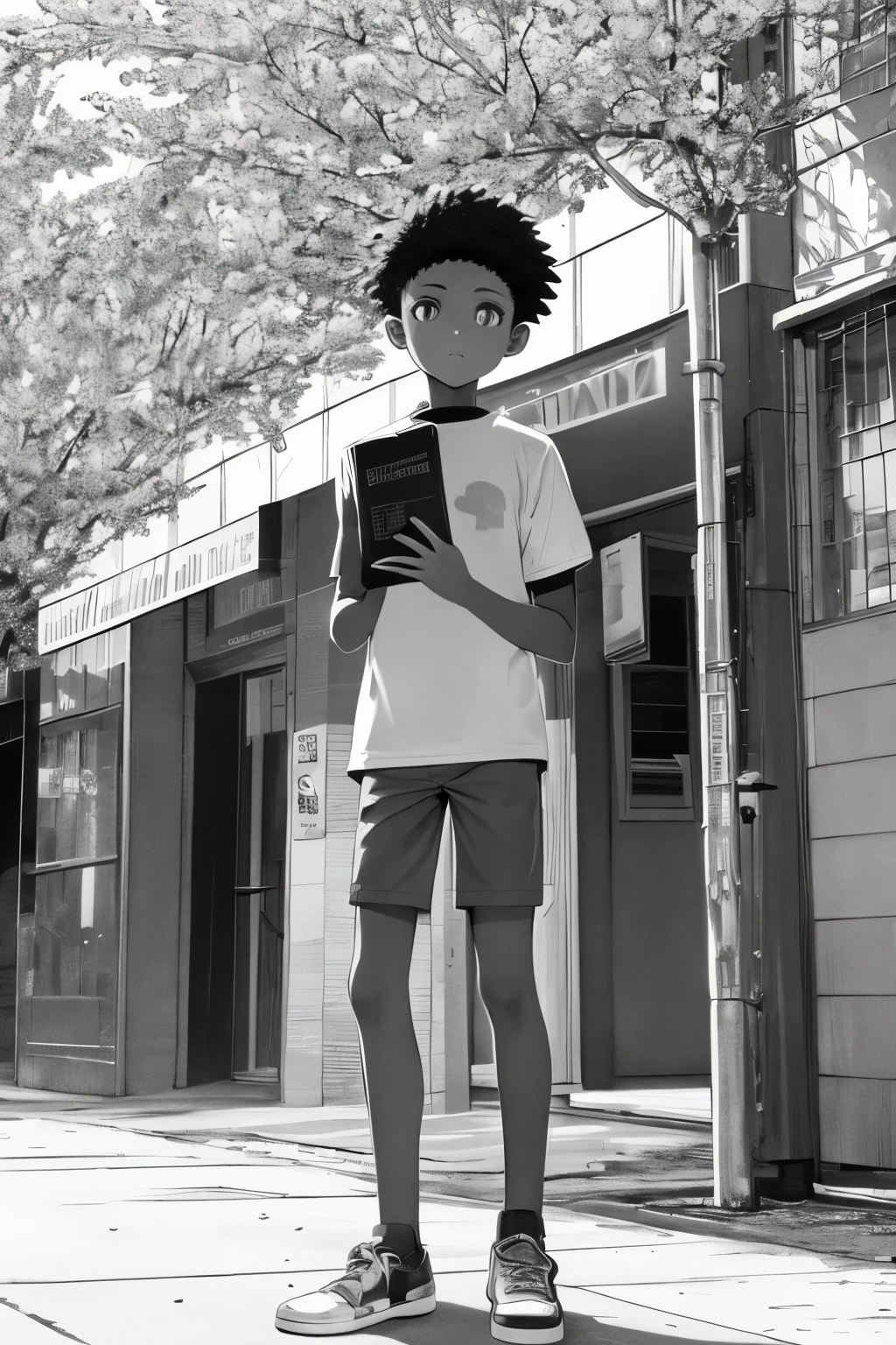 Create a line art coloring page image of a young black boy named Malik, with bright eyes and an adventurous expression, holding a vibrant coloring book in his hands. He stands on a sunny sidewalk, surrounded by colorful buildings and trees, with a sense of determination in his posture.