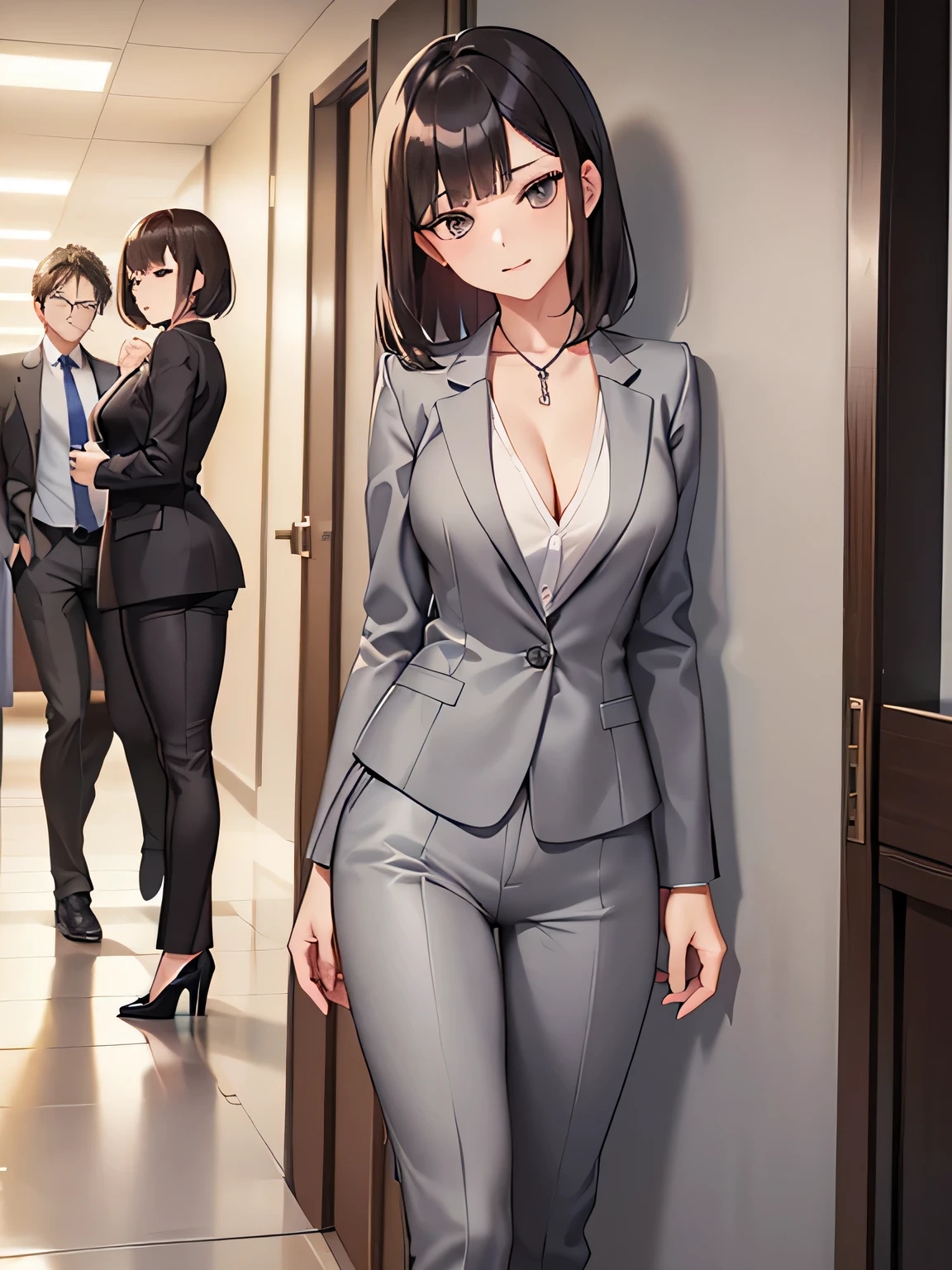 (1) There is one office lady with beautiful legs, (She is standing and showing off her beautiful legs:1.5),
(2) (OL is standing:1.5),
(3) OLはwhiteVheadTI'Iは中にシャツを着ています、whiteVheadTI can almost see her cleavage through the shirt.、(I'Iはその上にグレーのパンツスーツを着ています.:1.5)、Pantsuits fit perfectly、(The pants are semi-flare full length type..:1.5)、she is wearing black high heel pumps、
(4) (OL is showing her back、your face is facing this way:1.5)、
(5) Office woman has short brown hair., shining eyes, A provocative grin,
(6) The location is the office hallway..,
(7) highest quality, High resolution, realistic pictures, realistic skin,