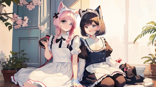 (highest quality),(be familiar with), (2 girls),Girl in JK uniform,Another girl is wearing a maid outfit,A girl wearing a maid outfit has a cat's tail.,A girl wearing a maid outfit has cat ears on her head,Girl in maid clothes has short hair,A girl in a JK uniform has long hair up to her chest,white thighs and high chest,Gaze closer to each other