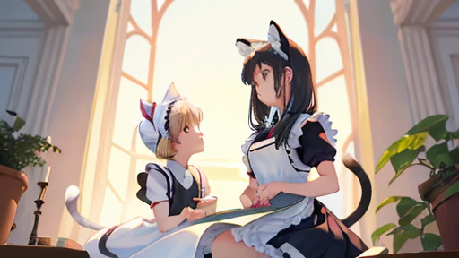 (highest quality),(be familiar with), (2 girls),Girl in JK uniform,Another girl is wearing a maid outfit,A girl wearing a maid outfit has a cat's tail.,A girl wearing a maid outfit has cat ears on her head,Girl in maid clothes has short hair,A girl in a JK uniform has long hair up to her chest,white thighs and high chest,Gaze closer to each other