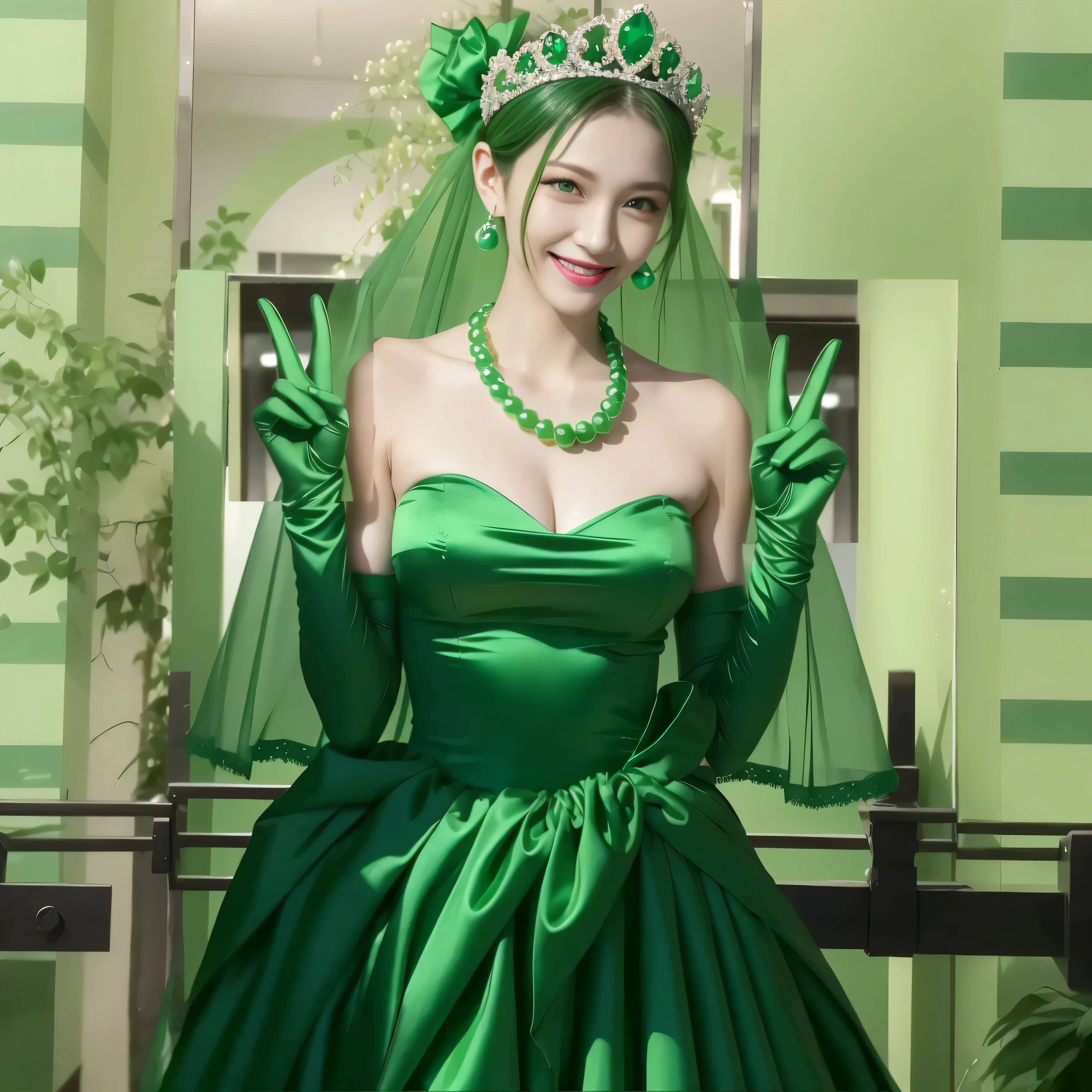emerald tiara, green pearl necklace, Boyish green berry short hair, lipstick, Smiling Japan woman, very short hair, big breasts beautiful, green eyes, Green long gloves made of satin material, green eyes, V sign, emerald earrings, 30 generation women