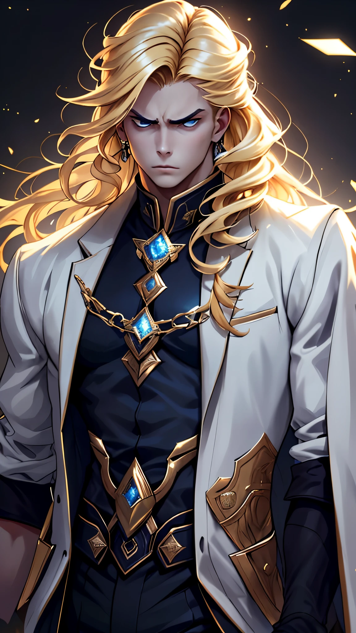 Blonde，young people，Handsome，but no smile，Frowning，fierce gaze