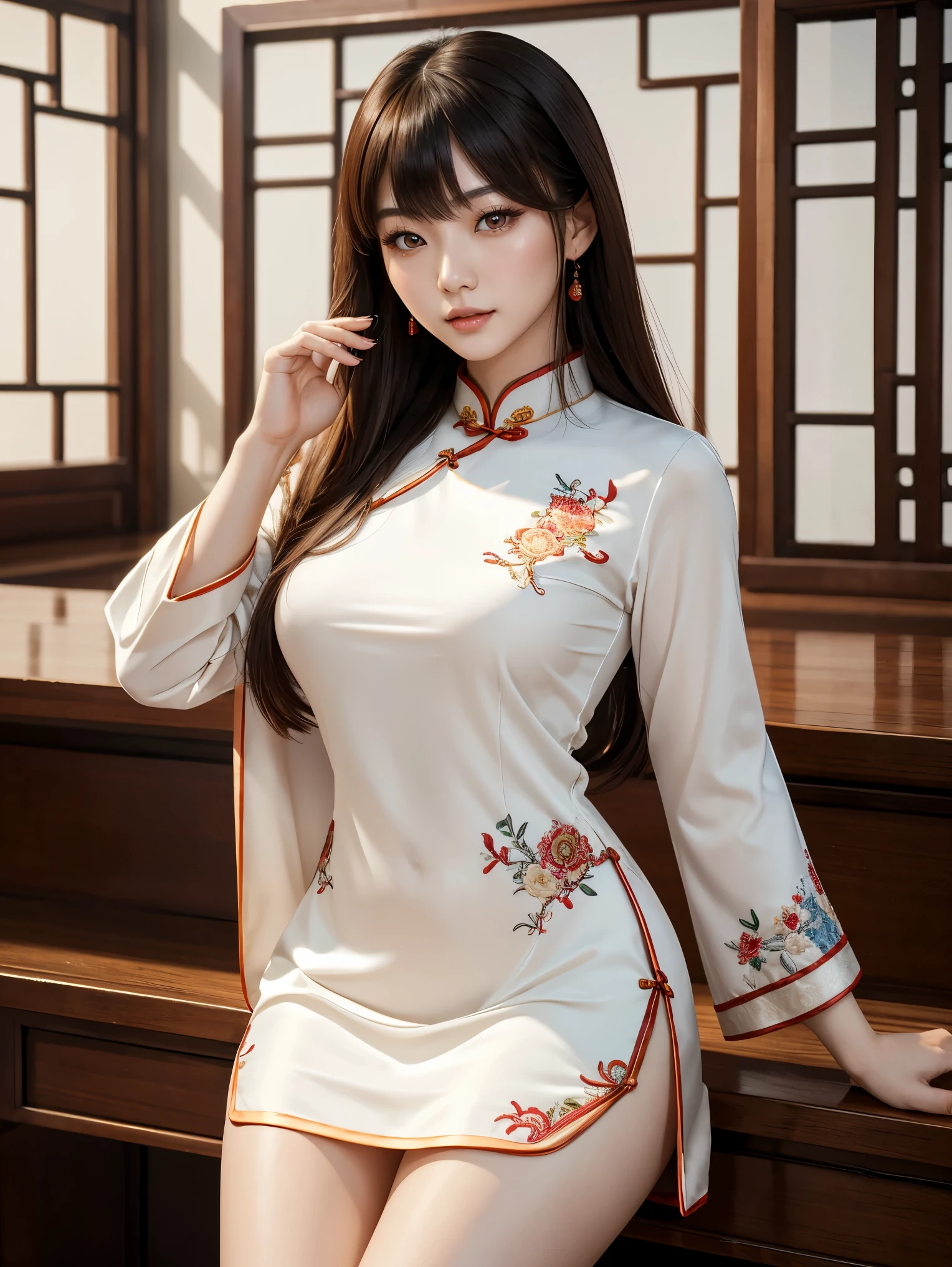 1 woman, beautiful Chinese woman, 25 years old, long hair with bangs, porcelain skin, thighs, brown eyes, round breasts, wearing embroidered short_cheongsam, masterpiece, ultra HD, realistic masterpiece, blurred background, relaxed poses, full lips, perfect hands, perfect eyes, perfect face, perfect details, sharp focus