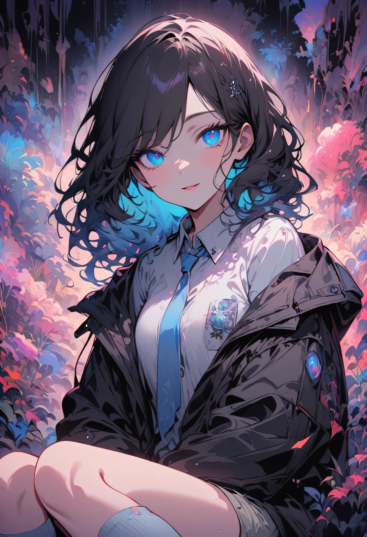 ((top quality)), ((​Masterpiece)), ((super detailed)), (extremely delicate and beautiful), 女孩and, alone, cold attitude,((black jacket)),She is very(Relax)and(settle down)it seems,A black-haired one, depth of field,Smile,bubble, under water, bubble,bright light blue eyes,interior color，Bright gray hair，light blue hair tips,,,,,,,cold background,Bob Hair - Linear Art, shorts、knee socks、white likes 、Light blue ribbon tie、clothes are transparent、hands in pockets、The eyes are as bright as sapphires,blue shoulder strap, A small blue light drifts by、Upper eyes、glass shards、snowflake eyes、dreamy eyes