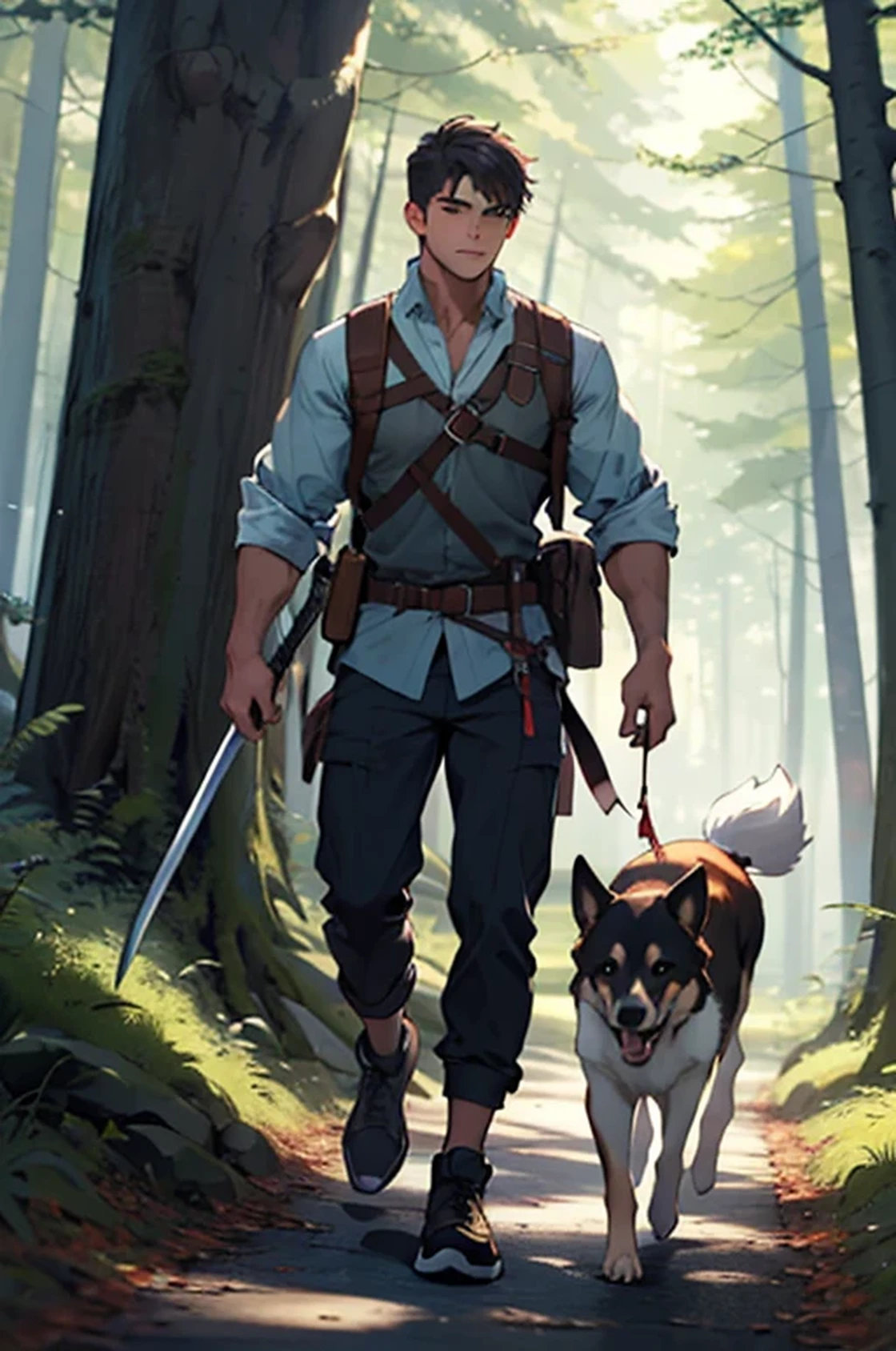 ((best quality)), ((masterpiece)), (detailed), A young man carrying a sword was walking in the middle of the forest accompanied by his dog.