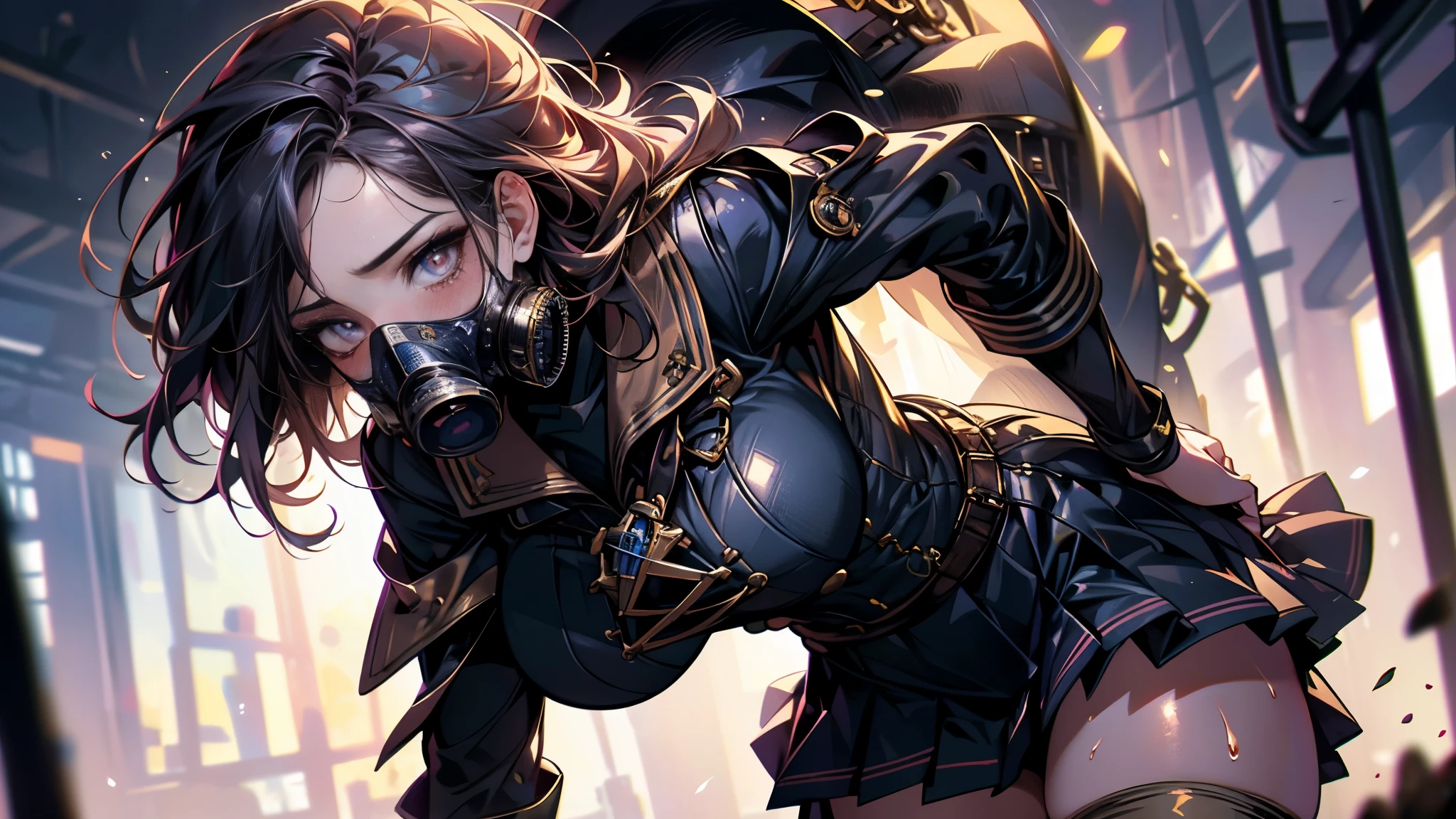 ((Best quality, 8K, Masterpiece: 1.3, 1girl, Beautiful girl)), cute, Dynamism, Detailed face, Detailed skin, detailed clothes, Detailed eyes, Detailed lips, Detailed tongue, Detailed fingers, Detailed mouth, Photorealistic, Raw photo, highres, Natural lighting, dynamic pose, perfect anatomy, toned legs, double eyelids, tear bags, round eyes, moist lips, sweaty, ((steampunk, large gas mask)), sailor school uniforms, pleated skirt, thighhighs, cowboy shot, ruin, messy background, ecstatic face, blush, spreading legs, large breasts