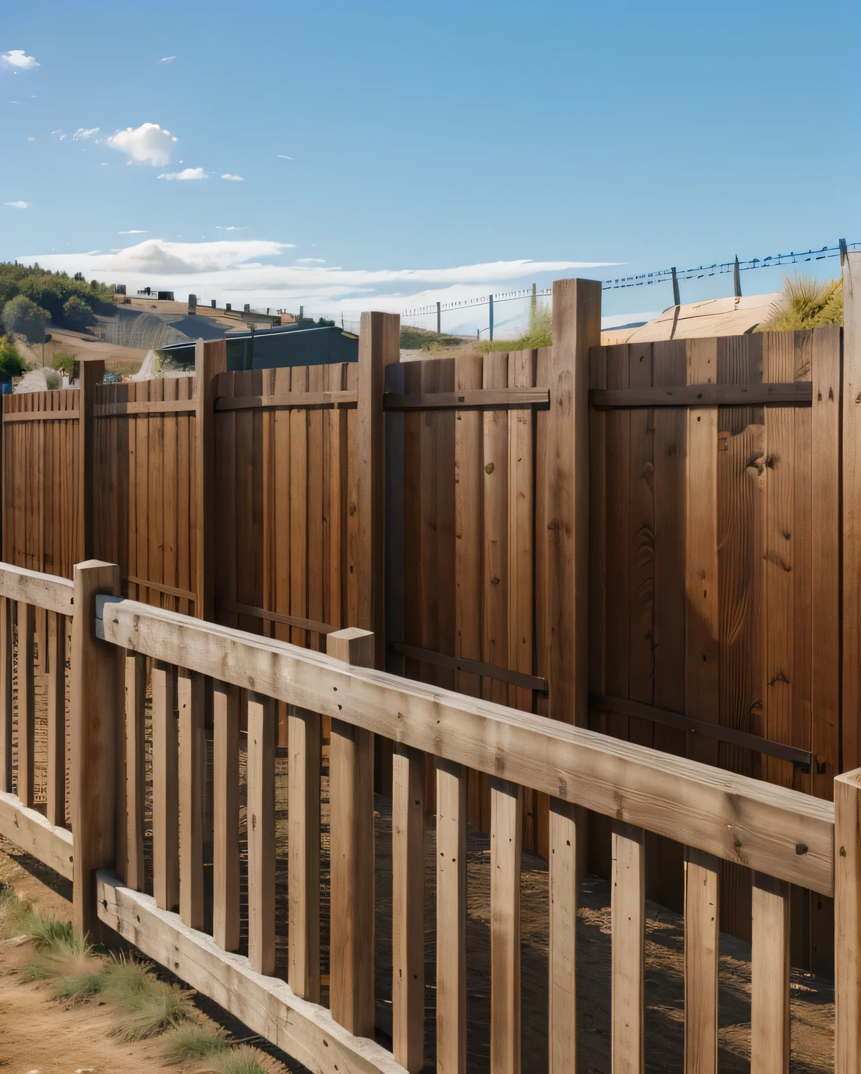 fence made of wood with a white picketer and a blue sky, fence, wooden fence, fences, fence line, rough wooden fence, fencing, boundary, black vertical slat wood, small fence, 4 0 9 6, control panel, on 7 6 8, ( ( railing ) ), disorder, 3 4 5 3 1, wide portrait, wood, Synthetic