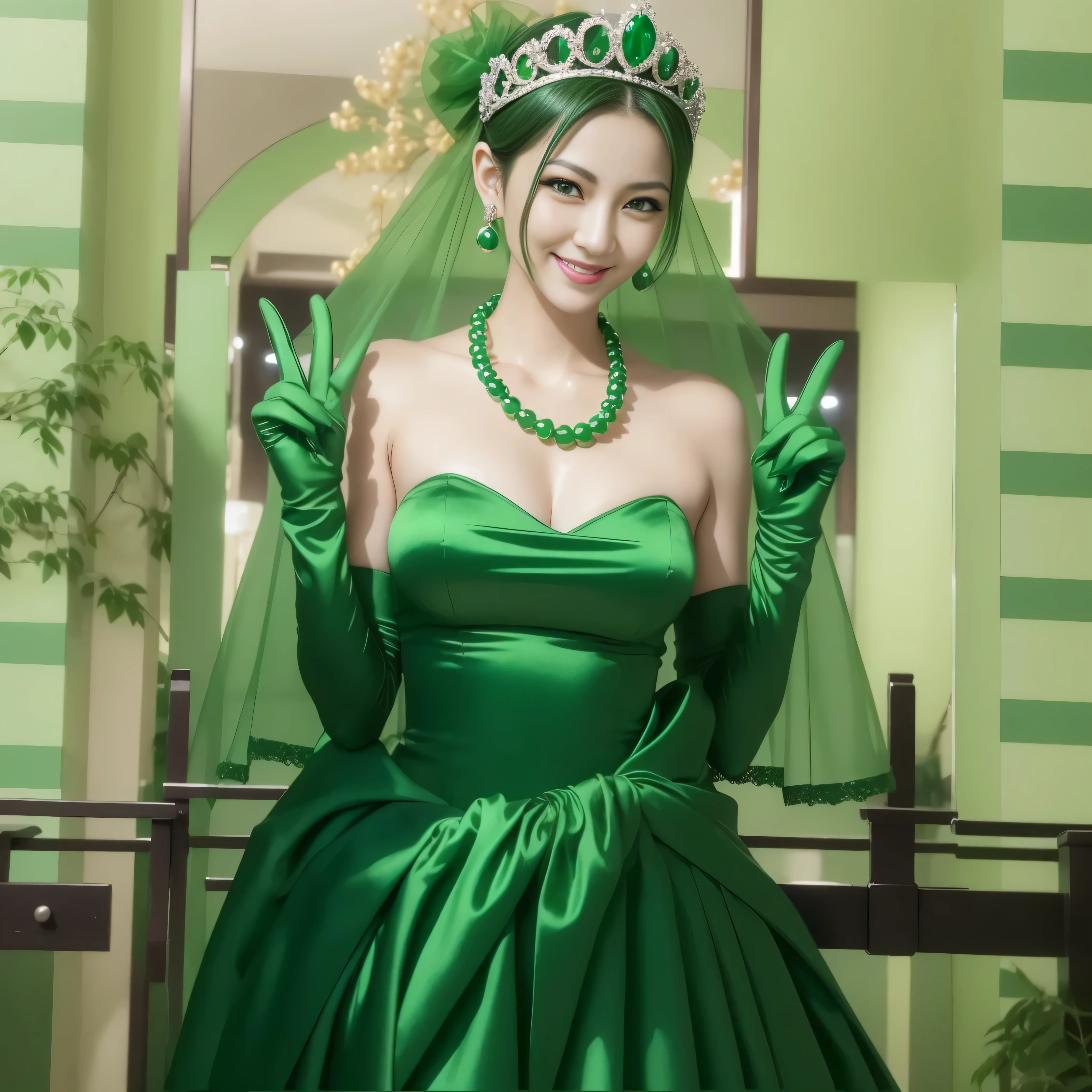 Beautiful Japan woman in her 30s, finger details, beautiful hands,emerald tiara, green pearl necklace, Boyish green berry short hair, lipstick, smiling Japanese woman, very short hair, big breasts beautiful, green eyes, green satin long gloves, green eyes, emerald earrings, green veil, V sign