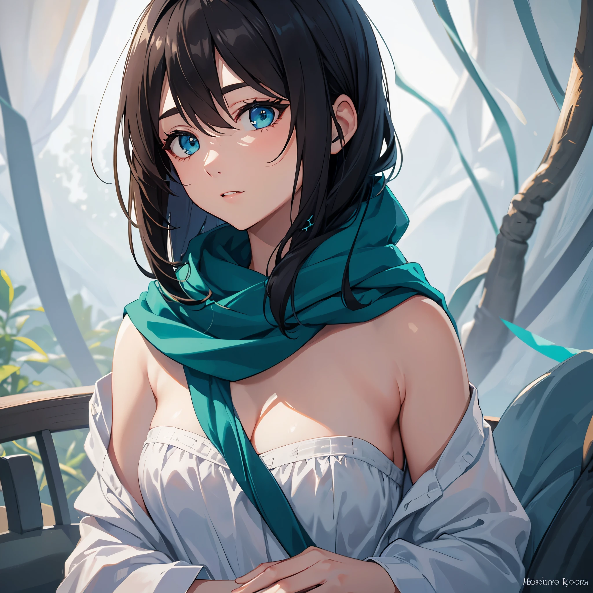 young woman's face partially obscured by a dark teal scarf, highlighting her striking blue eyes, long eyelashes, and well-defined eyebrows. The focus is sharp on her eyes with a soft bokeh background that creates a shallow depth of field. Her brunette hair frames her face, and the image has a cool color tone with a natural light setting. The composition is centered, creating an intimate and engaging portrait with a sense of mystery.