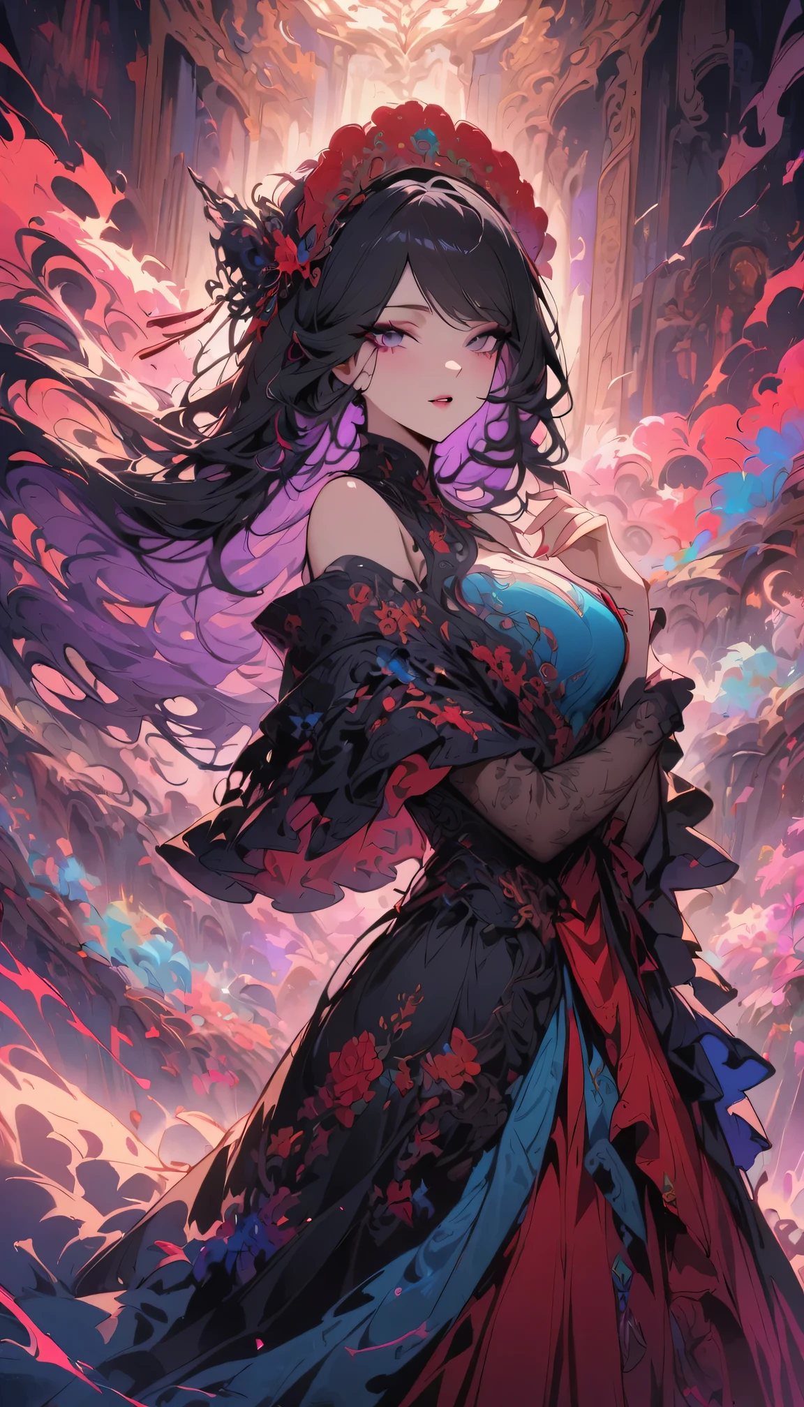 (best quality, masterpiece:1.2), 1 girl, Traditional Chinese opera, colorful clothes, Exquisite makeup, dramatic facial expression, (Traditional stage background), stage lights, Flowing silk dress, Detailed embroidery, Ornate headdress,Strong narrative skills, strong emotions, Theatrical atmosphere, attract the audience, rich cultural heritage