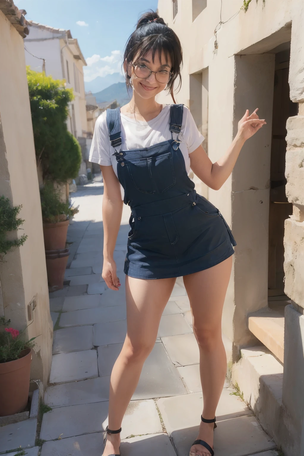 ((wide angle shot, full body shot)) beautiful female tourist, black hair tied in a ponytail, bangs, wearing large glasses, smiling at the corners of the mouth, ((wearing a large overalls and mini skirt)) morning light, Pamukkale Turkey