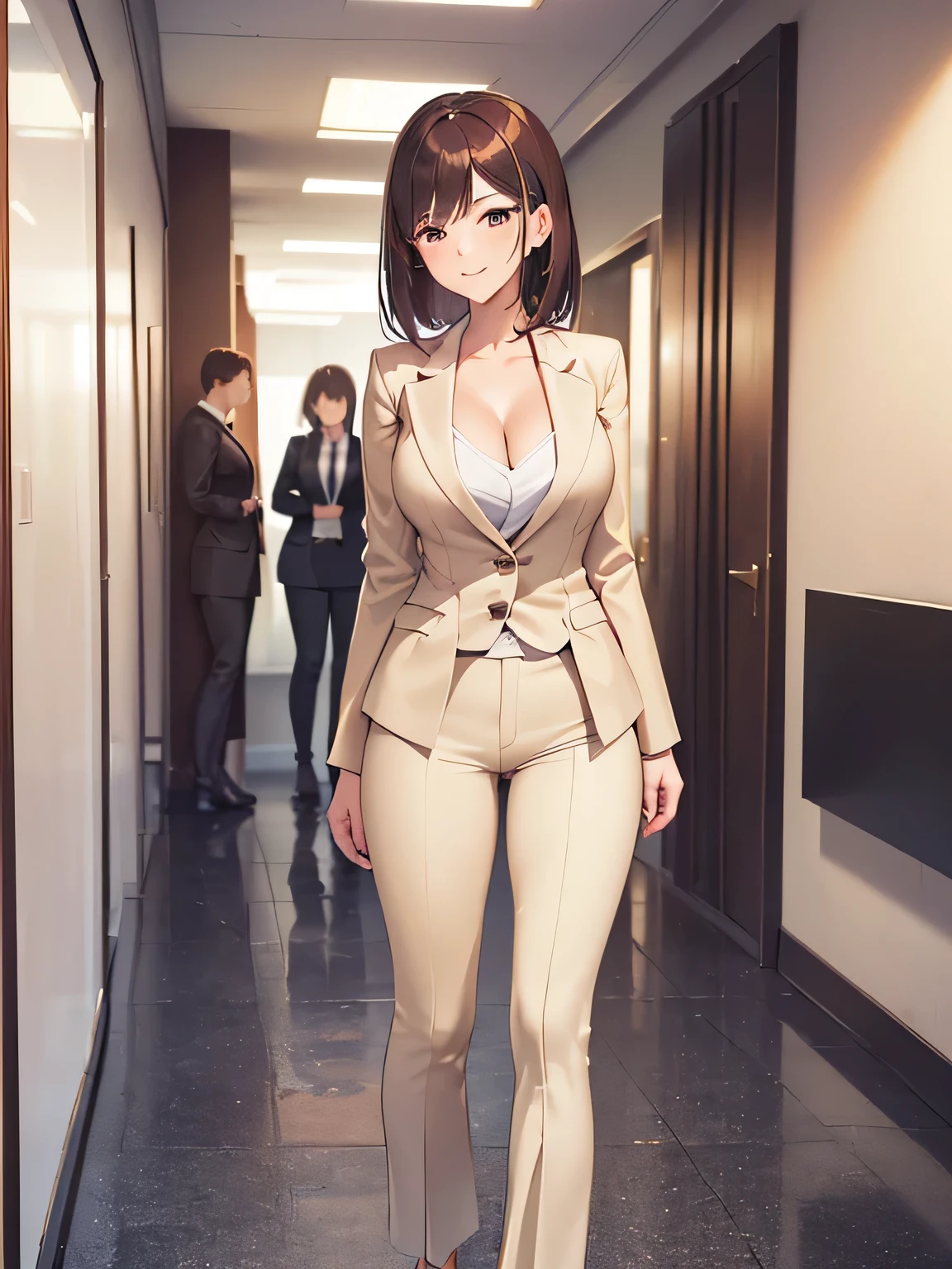 (1) There is one office lady with beautiful legs, (She is standing and showing off her beautiful legs:1.5),
(2) (OL is standing:1.5),
(3) OLはwhiteVheadTI'Iは中にシャツを着ています、whiteVheadTI can almost see her cleavage through the shirt.、(I'Iはその上にベージュのパンツスーツを着ています.:1.5)、Pantsuits fit perfectly、(The pants are semi-flare full length type..:1.5)、she is wearing black high heel pumps、
(4) (OL is showing her back、your face is facing this way:1.5)、
(5) Office woman has short brown hair., shining eyes, A provocative grin,
(6) The location is the office hallway..,
(7) highest quality, High resolution, realistic pictures, realistic skin,