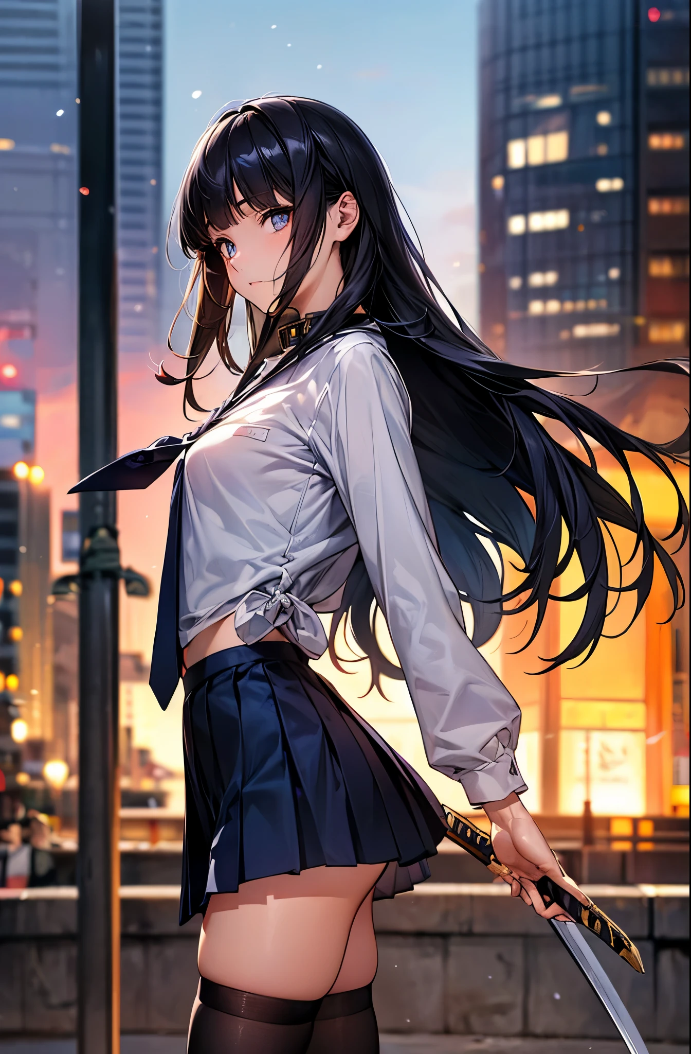 (A woman fighting a giant dragon),dynamic angle、((perfect anatomy:1.5,realistic,:1.3,RAW Photography:1.3,masterpiece、highest quality、Ultra - High resolution、High resolution、Highly detailed CG、8K)), ((attack the dragon、Fight with Japan swords、action pose、holding a Japanese sword、Accurately depicted Japanese sword)),from side,1 female,solo,20-year-old,beauty of japan,beautiful detailed face and eyes,big and gorgeous eyes,gray eyes,(black hair,long hair,blunt bangs), (slender body,small head:1.4, skinny,medium breasts), glowing skin,oily skin,,((white shirt with collar、long sleeve、navy blue tie、navy pleated mini skirt,white_thighhighs)),collapsed building、Shibuya Station、Shibuya Ward、Tokyo、A large number of people running away in the background々、at night、neon、