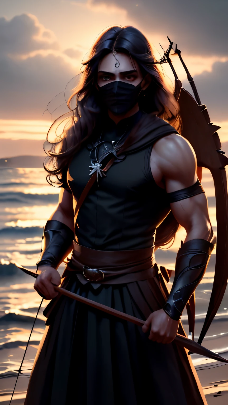 (detailed:black-clad,masked,carrying bow,carrying arrows),illustration,seaside,portraits,dusky color tones,soft and warm lighting