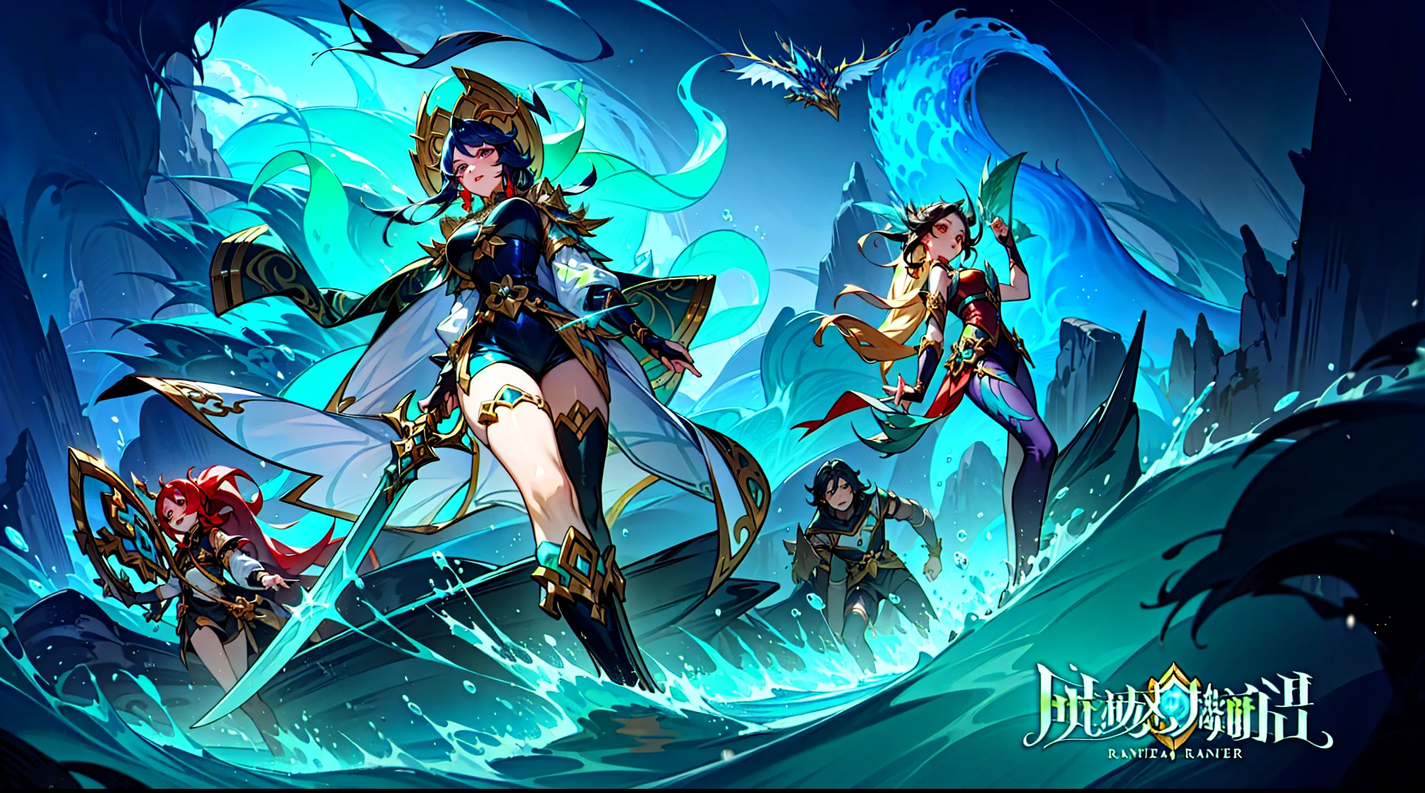 A group of anime characters holding swords, Queen of the Sea Mu Yanling, character splash art, League of Legends style, League of Legends art style, wild rift, Legends of Runeterra, mobile legends, g liulian art style, Official splash art,In the sea，huge waves，sea monster，treasure hunt，Caribbean，violent storm，combat performance