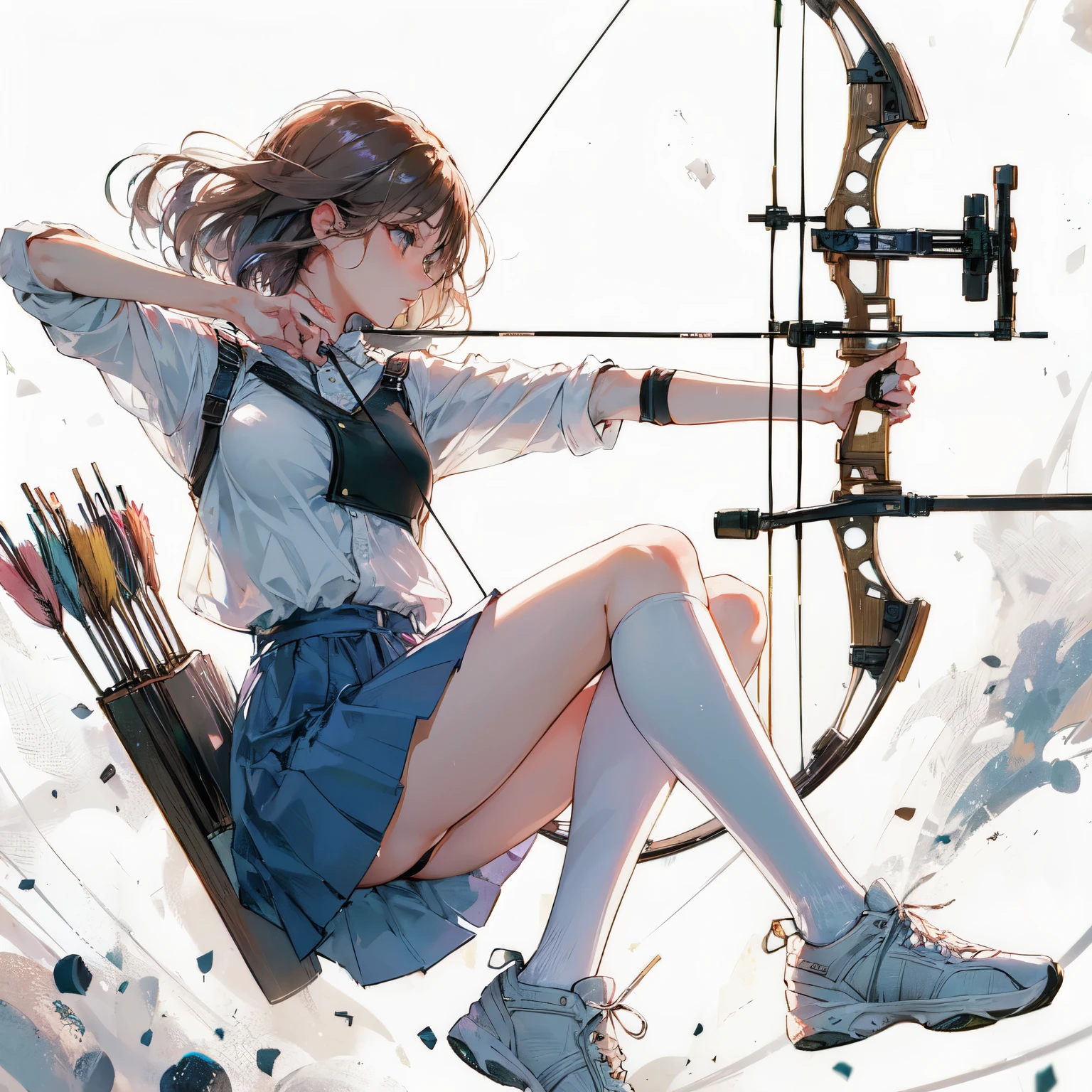 high quality,HD,16,000,sharp lines,1 woman,female archer ,Cute face, big bust, slim body, delicate body,good legs, sweat,At the archery range,focus girl,detailed beautiful face,Detailed clothes,beautiful eyes,pretty,dynamic angle