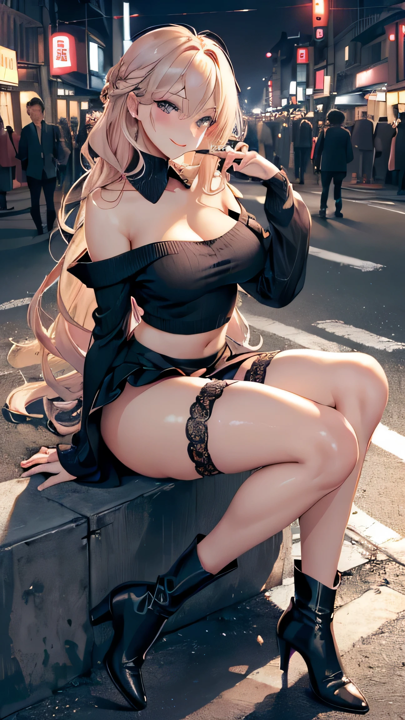 (((ultra high definition))), masterpiece, best quality, 8K, Accurate description, Carefully painted, Meticulous details, ((busy street in japan, festival at night, Sit on the railing on the side of the road)), a girl, White skin, perfect face, (light brown, blowing in the wind, Extra long curly hair), ((cute look)), Detailed depiction of facial features, blue shining eyes, long eyelashes, double eyelids, Exquisite makeup, pink moist shiny lips, Shiny earrings, smile shyly, blush, ((Mature and sexy figure)), Beautiful body, perfect body structure, side boob, plump breasts, ((Oversized light color loose collar sweater, Show one shoulder, Open collar)), (((Black)))Delicate lace and gorgeous lingerie, seductive cleavage, (Dark skirt, dark stockings, boots), (Seductive moves), (Perfectly detailed hand-drawn renderings), round ass, (Slender smooth legs), Complete legs, movie lighting, Soft high contrast side lighting, transparency, Cinematic feel, perfect composition, ((full body image)), Rich environmental details, Prominent theme, Overall exposure -1