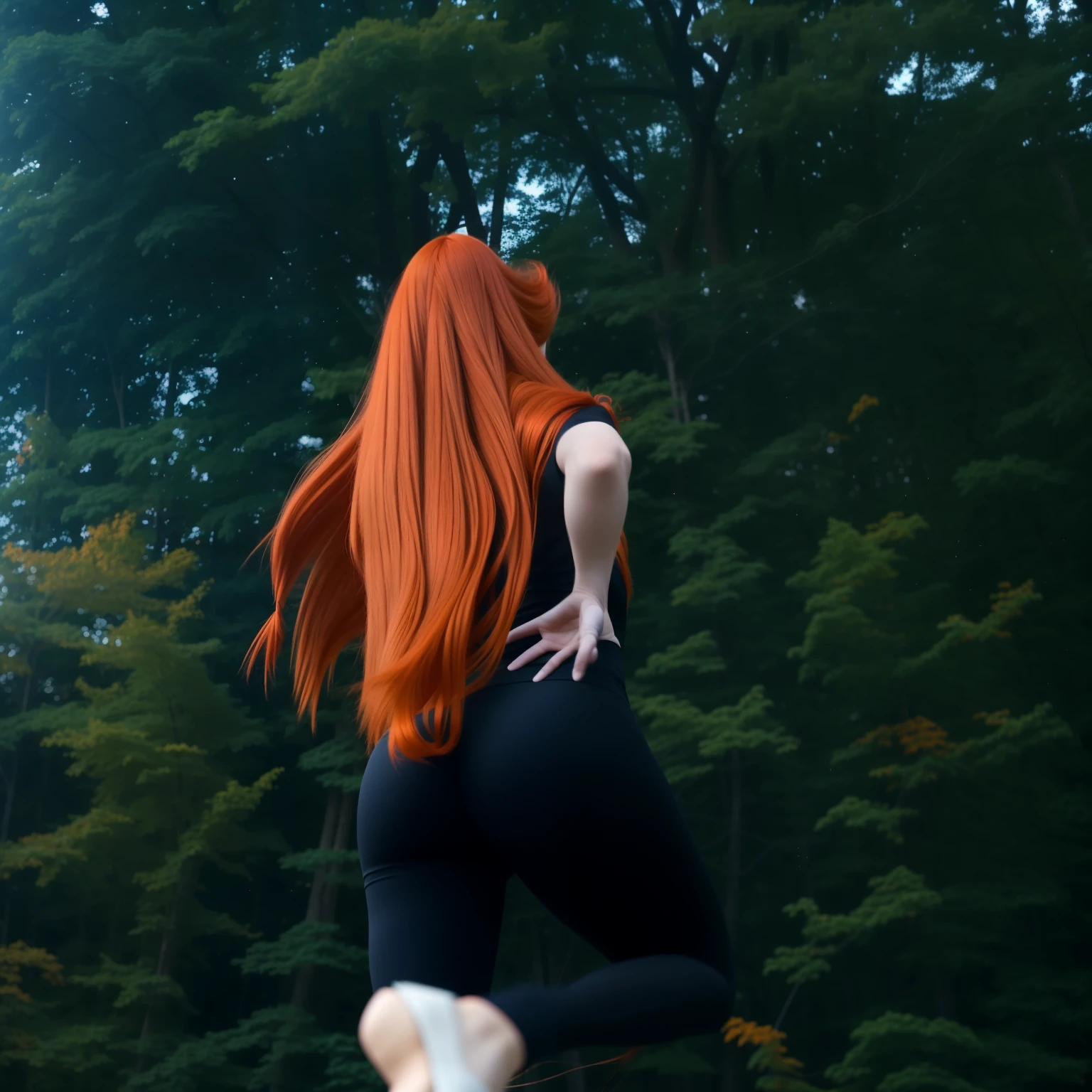 araffe woman with Long red hair and black leggings jumping in the air, very long orange hair, Long red hair windy, long orange hair, view from the back, waist length red hair, very long flowing red hair, у нее Long red hair, Long red hair, Long red hair, long orange hair floating on air, Long fiery hair