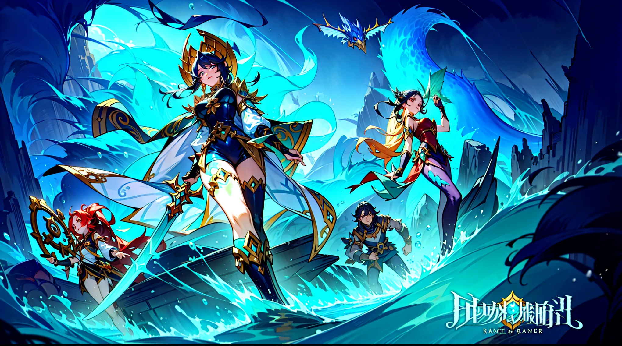 A group of anime characters holding swords, Queen of the Sea Mu Yanling, character splash art, League of Legends style, League of Legends art style, wild rift, Legends of Runeterra, mobile legends, g liulian art style, Official splash art,In the sea，huge waves，sea monster，treasure hunt，Caribbean，violent storm，combat performance，European and American cartoons，Simple equipment，