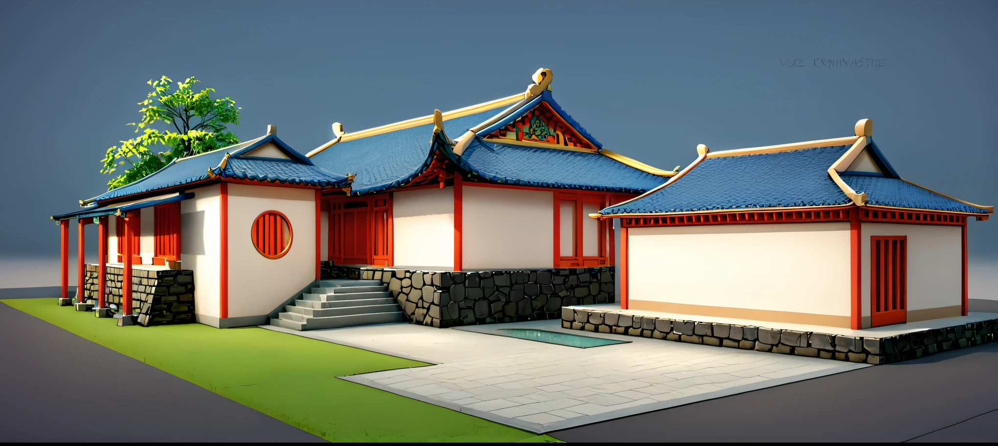 a le rendu of a house with a stone wall and a porch, inspired by Dong Yuan, vue de face, 3D model rendered, ancient Architecture chinoise, beau rendu de la dynastie Tang, palais de la dynastie Tang, palais traditionnel coréen, rendu architectural, 3 d le rendu, 3d le rendu, Architecture chinoise, temple, vue de face, rendu d'architecture, le rendu, detailed le rendu, chinese building
