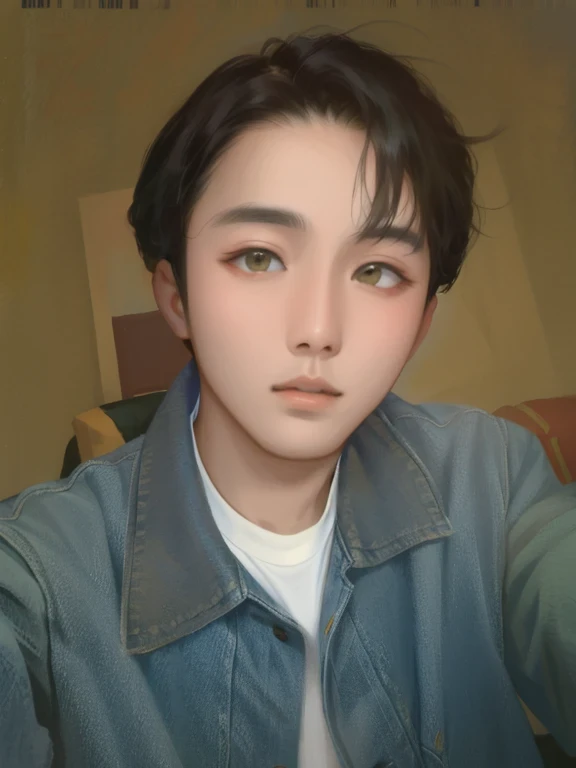 Alafid man wearing denim jacket and white shirt taking selfie, Hong Junheng, yanjun chengt, Hengtai, jinyoung shin, Korean male, xintong chen, 2 7 years old, Hengtai kim, Inspired by Li Quanshuo, Ten Thousand Angels of Youth, 28 years old, 23 years old, Kim Tae-joon, 22 years old