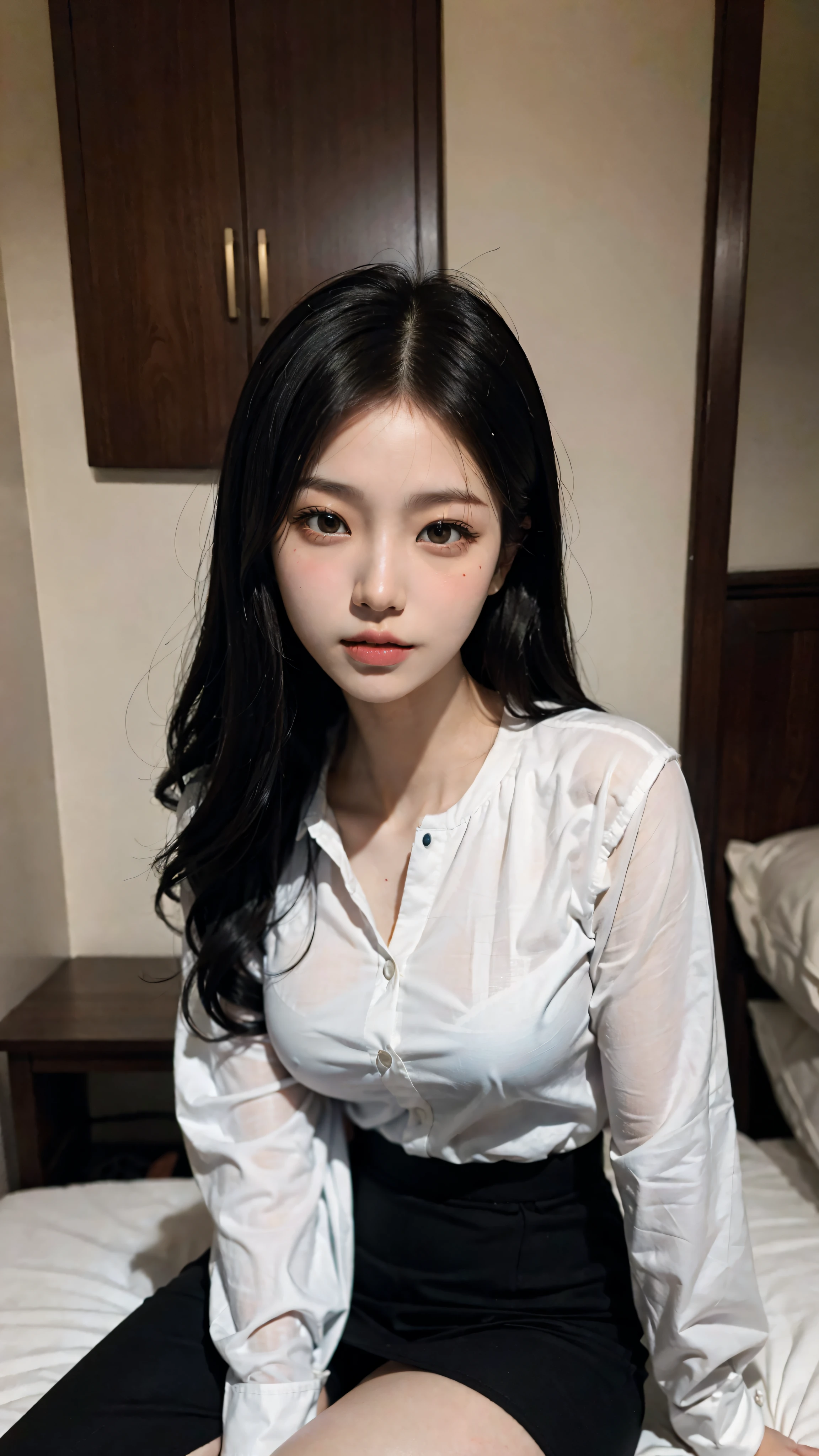 Masterpiece: 1.25, Best quality, High resolution:1.35, RAW photo:1.2, Photorealistic:1.37, Hyper-realistic, 16K, ((1girl)), there is a woman in a black skirt and white shirt on a bed, gorgeous chinese model, sexy look, asian, sexy :8, sexy girl, Yoshitomo Nara, gorgeous young korean woman, korean girl, elegant seducing pose, asian girl, taken with canon 5d mk4, captured on canon eos r 6, japanese goddess