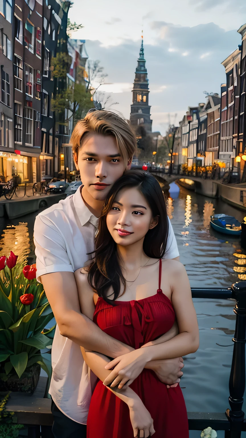 TYPE : beauty Photography
THEME : fashion
RACE : american man and Indonesian woman
PERSON 1 : Early 20s, american man , blonde fringe up short hair cut man , western skin color
PERSON 2 : Early 20s, Indonesian woman tan skin color , black long hair , chubby .
SCENE : standing , the man hugs the woman from behind , in the amsterdam canal , night , smiling looking at camera, creating a feeling of love , open eyes
PROPS: red cottagecore dress for women, white cottagecore dress for men , amsterdam canal , flower , beautiful building lights , Ships in the canal ,
CAMERA : photographed using an Canon eos 90d DSLR camera with 18-135mm lens , detailed skin texture , detailed face and body , best preset lighting , detailed background
COMPOSITION : rule of thirds ,
ANGLE : full body