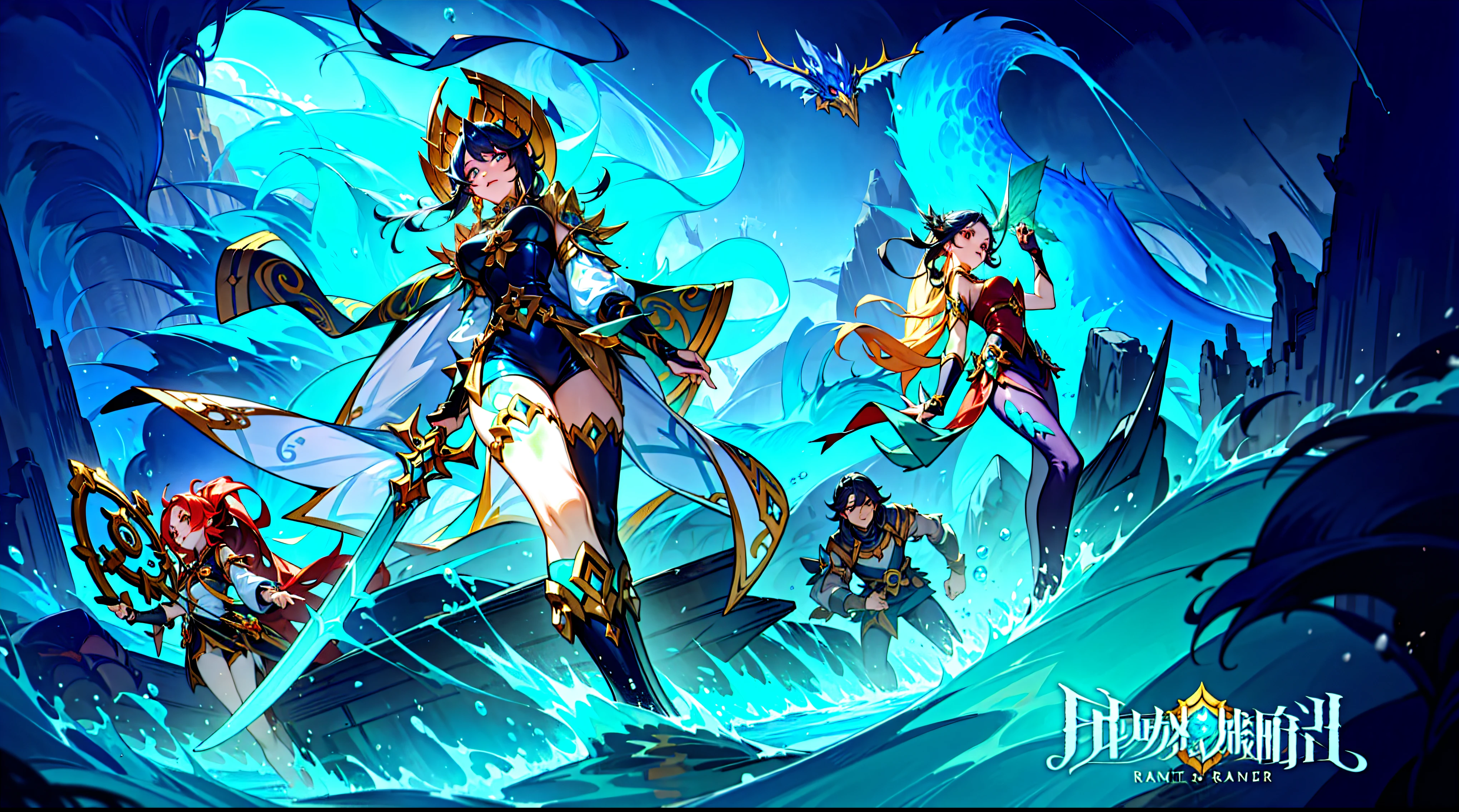 A group of anime characters holding swords, Queen of the Sea Mu Yanling, character splash art, League of Legends style, League of Legends art style, wild rift, Legends of Runeterra, mobile legends, g liulian art style, Official splash art,in the sea，huge wave，sea monster，treasure hunt，Caribbean，violent storm，combat performance，European and American cartoons，Simple equipment，
