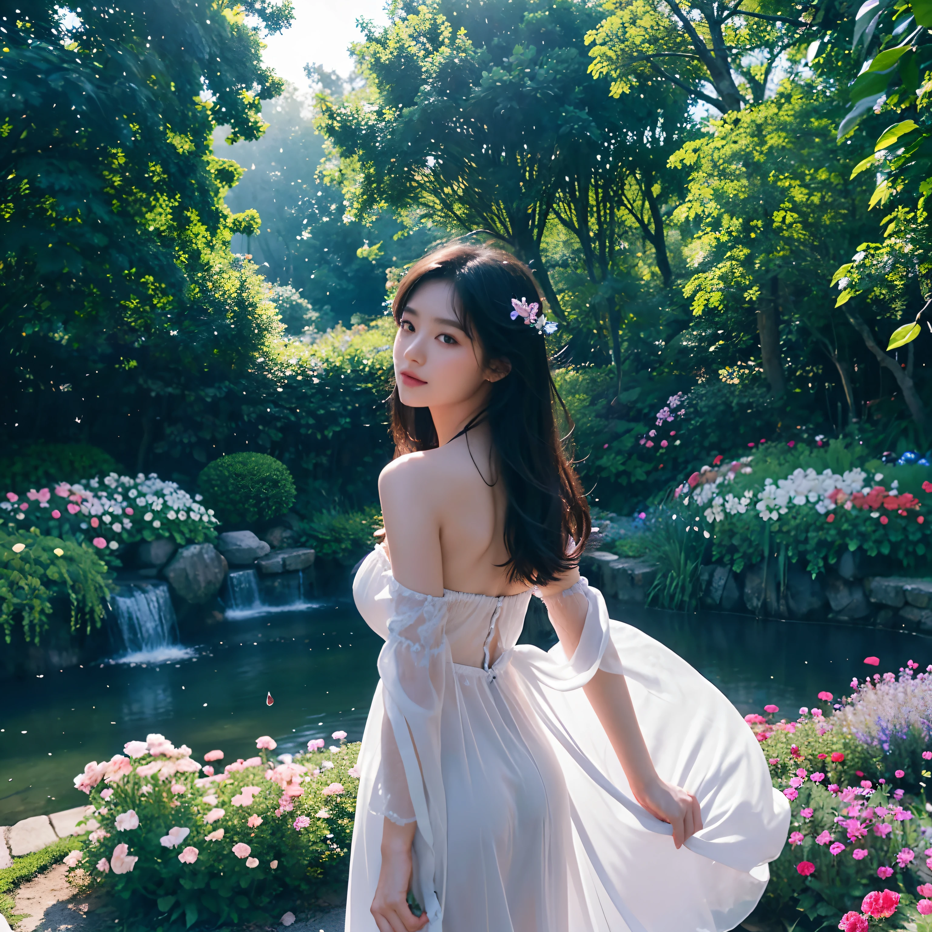 1girl in, solo, full bodyesbian, (masterpiece:1.21), (Top image quality:1.2), colourfull, (illustratio:1.2), (Cinematographic lighting:1.1), (Plain shoulders:1.21), (clavicle:1.21) In a beautiful and dreamy garden、Rainbow dancing in the air(Multicolored fireflies)Illuminated by。pastels(drizzle rain)Decorate the garden、It creates a hazy and ethereal atmosphere。In the center of the photo is、Have a beautiful face and an innocent expression、A very beautiful girl is standing alone。Her long hair fluttered in the wind。She wore a low-cut strapless dress that emphasized her curves。Blue - beautiful butterfly wings on the back 、Lighting is very delicate and beautiful、Creates a soft warm glow、Make the water stand out、Shines like a diamond。Even the finest grass is illuminated、Lush carpets are made。The garden is、Surrounded by colorful flower fields、Blooms profusely with flowers of various colors and shapes。Various colors and sizes(Colored butterflies)can be seen flying around the scene.、Adds to the overall sense of wonder and magic。(Everyone、judges)、blush on the bridge of the nose、mouth slightly open、The overall sense of innocence and youth is increasing。I see falling petals waving around her.、Increasing the overall sense of romance and beauty。The breeze is blowing.、Leaves rustle、The flowers are shaking、Increasing overall dynamism and vitality。It is a scene of pure wonder and magic.、Full of color and beauty、Viewers can immerse themselves in this enchanting and enchanting world。