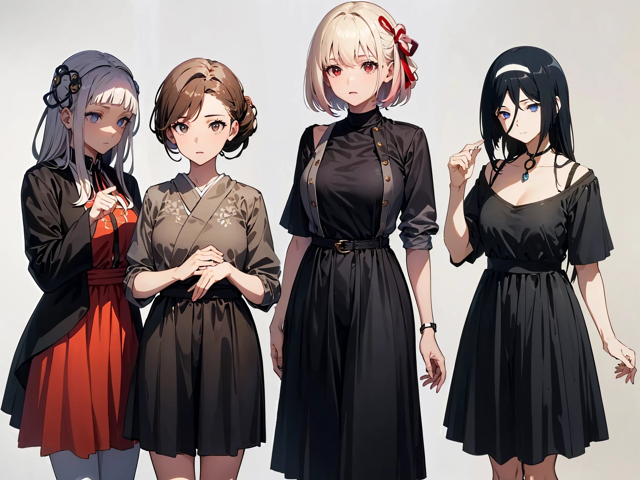 female, hairstyles different, hair colors different, eye colors different, iris colors different, outfit styles different, hair ornament, very long hair,((white hair:1.5)) ,Beautiful Finger, extremely detailed CG, (perfect hands, perfect anatomy),