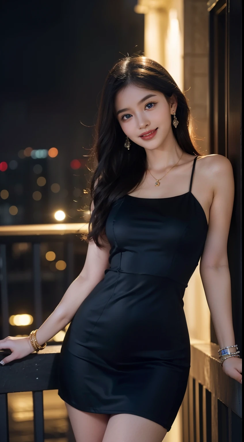 8k, masterpiece, RAW photo, best quality, photorealistic, extremely detailed CG unity 8k wallpaper, Depth of field, Cinematic Light, Lens Flare, Ray tracing, (extremely beautiful face, beautiful lips, beautiful eyes), intricate detail face, ((ultra detailed skin)) 1girl, in the dark, deep shadow, pretty asian girl, ((looking at viewer)),(big smile), (blurry background), midnight, (pretty girl), earrings, bracelets, necklace, clear eyes, (pale skin), face forward, (big eyes), (looking at viewer), large breasts ,((smile)), rooftop, dim lights, ((night)), cityscape, blue eyes, golden dress, mini dress, open breast, veranda, very slim, (medium butt), see through dress, thick thighs