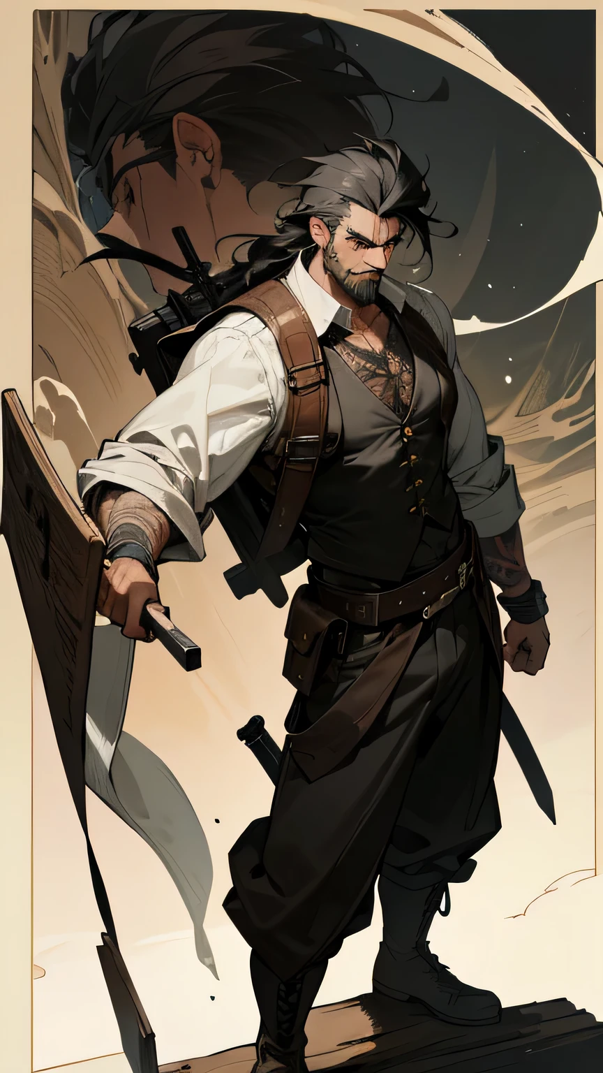 a rugged and imposing figure, standing at 6'3" with a muscular build honed by years of adventuring. His piercing eyes, the color of stormy gray, hold a sense of intensity and determination. He has a strong jawline, often adorned with a few days' worth of stubble, adding to his rugged charm.
His hair, a deep shade of ebony, is swept back in untamed waves, framing his chiseled features. A scar runs across his left cheek, a reminder of battles won and lost. Draven's attire reflects his adventurous lifestyle; he wears a weathered leather duster over a dark vest, adorned with numerous pockets and straps for carrying essential tools and equipment. Beneath the vest, he dons a fitted shirt, the sleeves rolled up to reveal tattooed symbols of ancient runes, hinting at his mysterious past. Fullbody pose
His trousers are made of durable fabric, tucked into rugged boots that have seen countless miles of travel. Strapped to his waist is a belt adorned with various pouches and holsters, housing an array of weapons and gadgets. Across his back, he carries a well-worn satchel containing maps, scrolls, and other treasures acquired during his adventures.