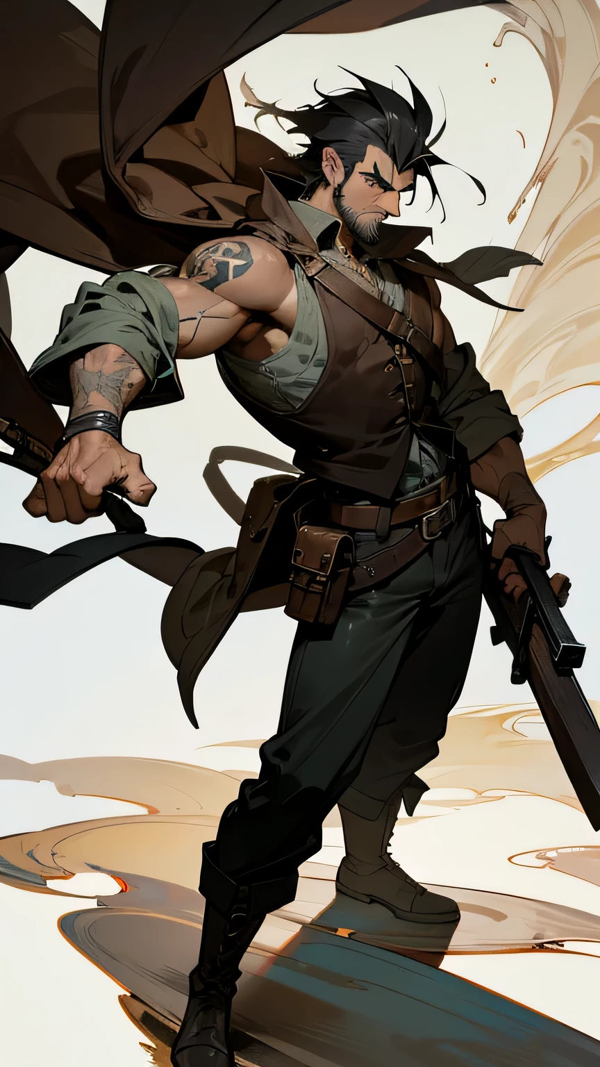 a rugged and imposing figure, standing at 6'3" with a muscular build honed by years of adventuring. His piercing eyes, the color of stormy gray, hold a sense of intensity and determination. He has a strong jawline, often adorned with a few days' worth of stubble, adding to his rugged charm.

His hair, a deep shade of ebony, is swept back in untamed waves, framing his chiseled features. A scar runs across his left cheek, a reminder of battles won and lost. Draven's attire reflects his adventurous lifestyle; he wears a weathered leather duster over a dark vest, adorned with numerous pockets and straps for carrying essential tools and equipment. Beneath the vest, he dons a fitted shirt, the sleeves rolled up to reveal tattooed symbols of ancient runes, hinting at his mysterious past. Fullbody pose

His trousers are made of durable fabric, tucked into rugged boots that have seen countless miles of travel. Strapped to his waist is a belt adorned with various pouches and holsters, housing an array of weapons and gadgets. Across his back, he carries a well-worn satchel containing maps, scrolls, and other treasures acquired during his adventures.
