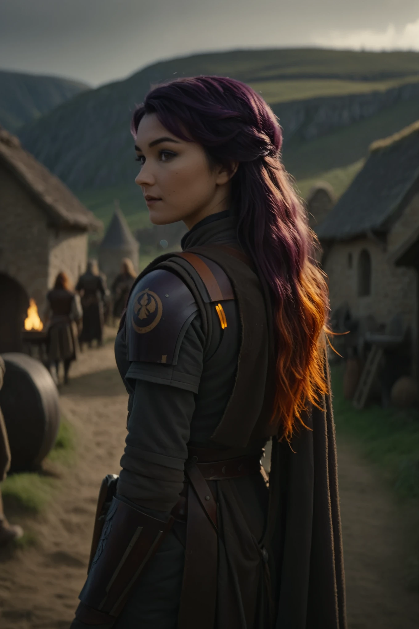 cinematic film still sabine wren, long hair, at medieval village looking over shoulder, full body shot from behind . shallow depth of field, vignette, highly detailed, high budget Hollywood movie by james cameron, bokeh, cinemascope, moody, epic, gorgeous, film grain, grainy