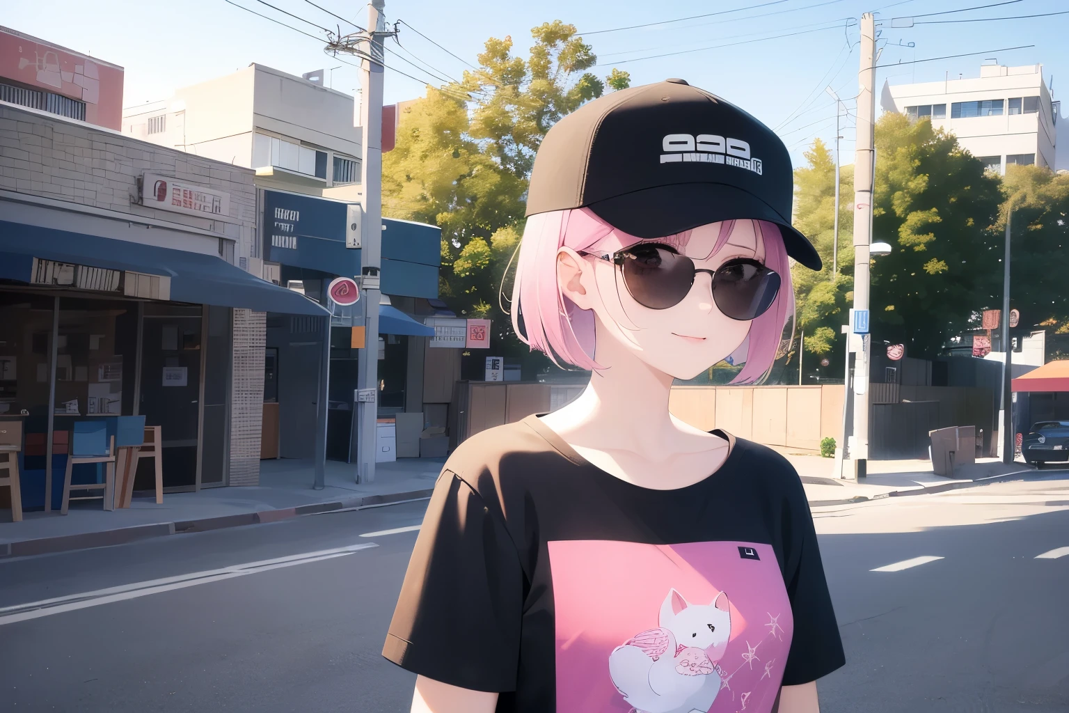 sunglasses、Cap、mouth mask、Realistic, real person, RAW photo, photorealistic, portrait photography, shiny skin, japanese idol、pink hair、bob cut hair with bangs、smile, 20 year old woman with pink eyes、Alone、(black t-shirt) and (orver size), background is outside、