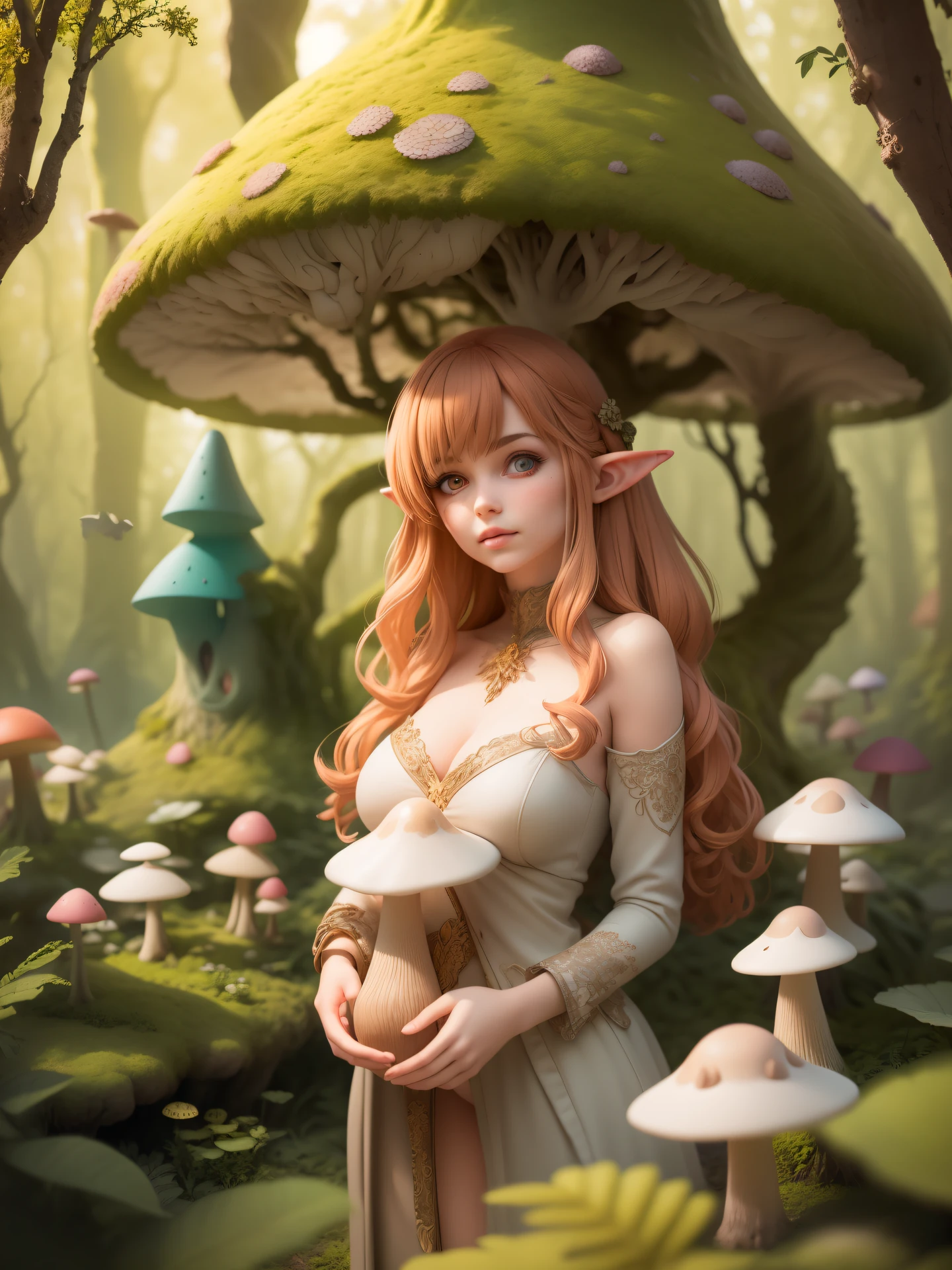 ((best quality)), ((masterpiece)), ((realistic)) ein junges Girl with cute realistic face, ginger hair curly long Haar, Brille, High Resolution, mit mystischen schleimigen pilzen, in einem mystischen wald, crazy glowing mushrooms, schleimige pilze, dunkler pilz Wald, kleinen futuristischen blumen, nachts, with elf wings, elfe, mit sommersprossen, fantasie wald, dunkel, surreal, mystisch, schleimige pilze, viele mushrooms, A surreal landscape with giant mushrooms and intricate architecture, bathed in a soft and ethereal light that highlights every intricate detail and adds a dreamlike quality to the scene, dunkler Wald, (beautiful detailed face), (beautiful detailed eyes) , a realisticA surreal landscape with giant lumiessenz mushrooms