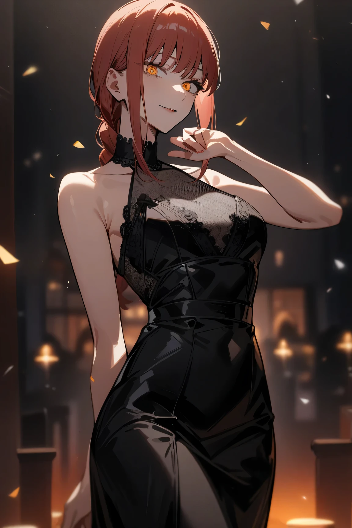1girl, makima \(chainsaw man\), chainsaw man, looking at viewer, (smirk:0.7), close up (cowboy shot:0.7), beautiful party dress, black lace dress, intricate dress, Black tie event, masterpiece, best quality