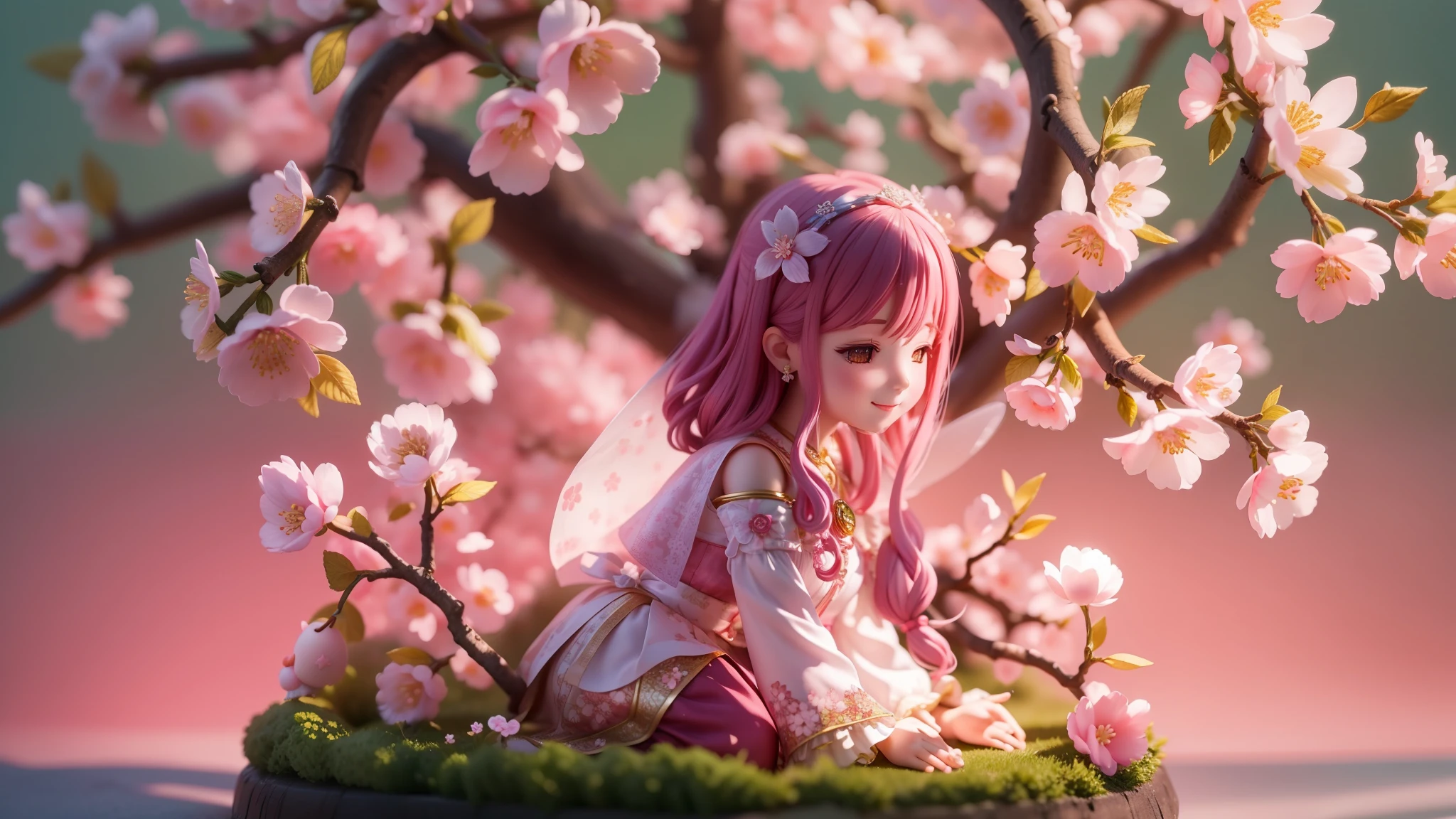 Magic garden miniature scene, delicate cherry blossoms、Softly glowing cherry tree、Illuminated by happy smiling miniatures. 8K Autorealist,Cherry tree in full bloom、girl cherry blossom fairy、、3 heads and bodies、back view