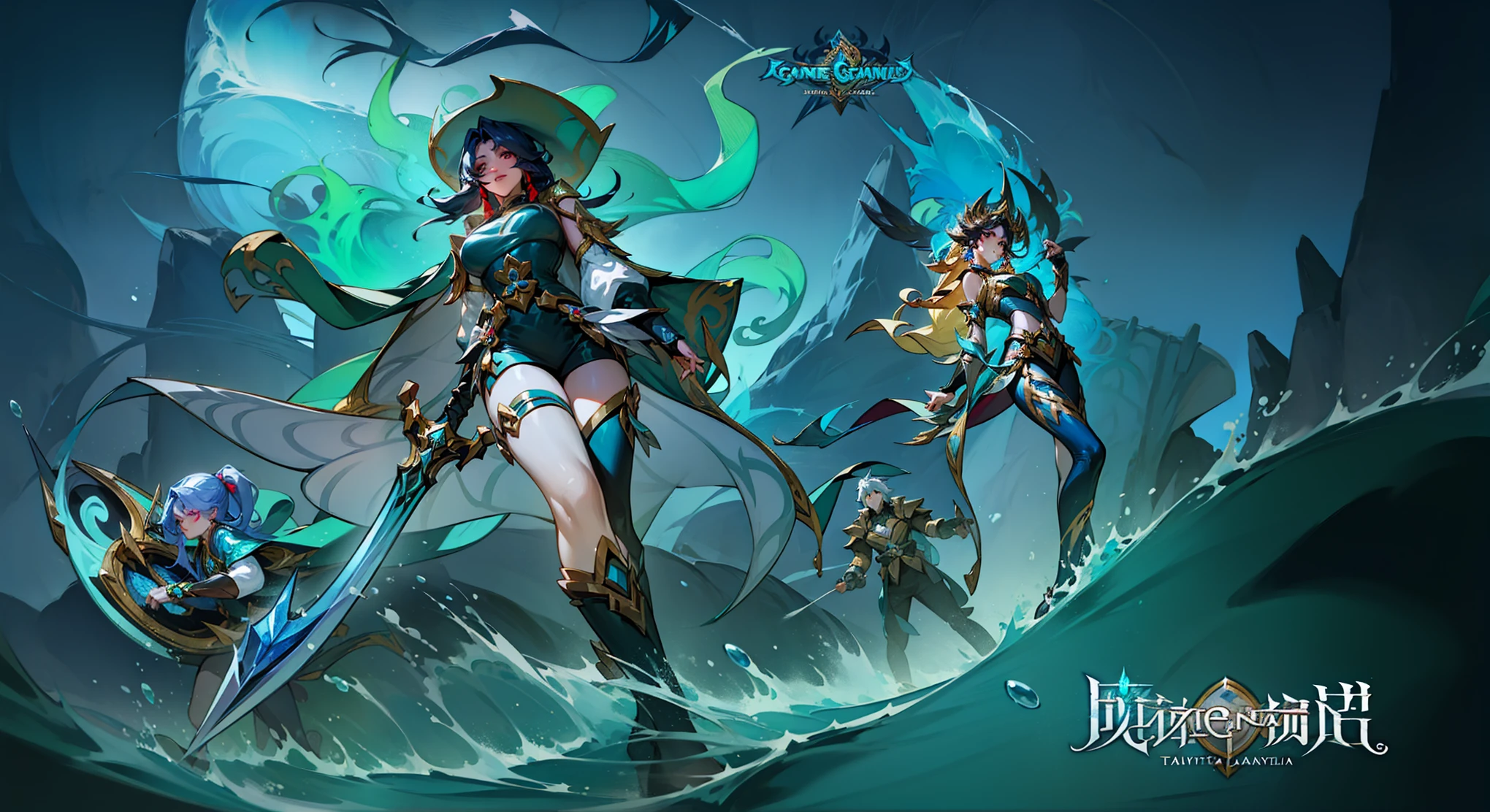 A group of anime characters holding swords, Queen of the Sea Mu Yanling, character splash art, League of Legends style, League of Legends art style, wild rift, Legends of Runeterra, mobile legends, g liulian art style, Official splash art,In the sea，huge waves，League of Legends art style, Official splash art, From League of Legends, League of Legends style艺术,Style ivan talavera and artgerm, fantasy art style, zanlatalia, character splash art，blue atmosphere，Cool colors