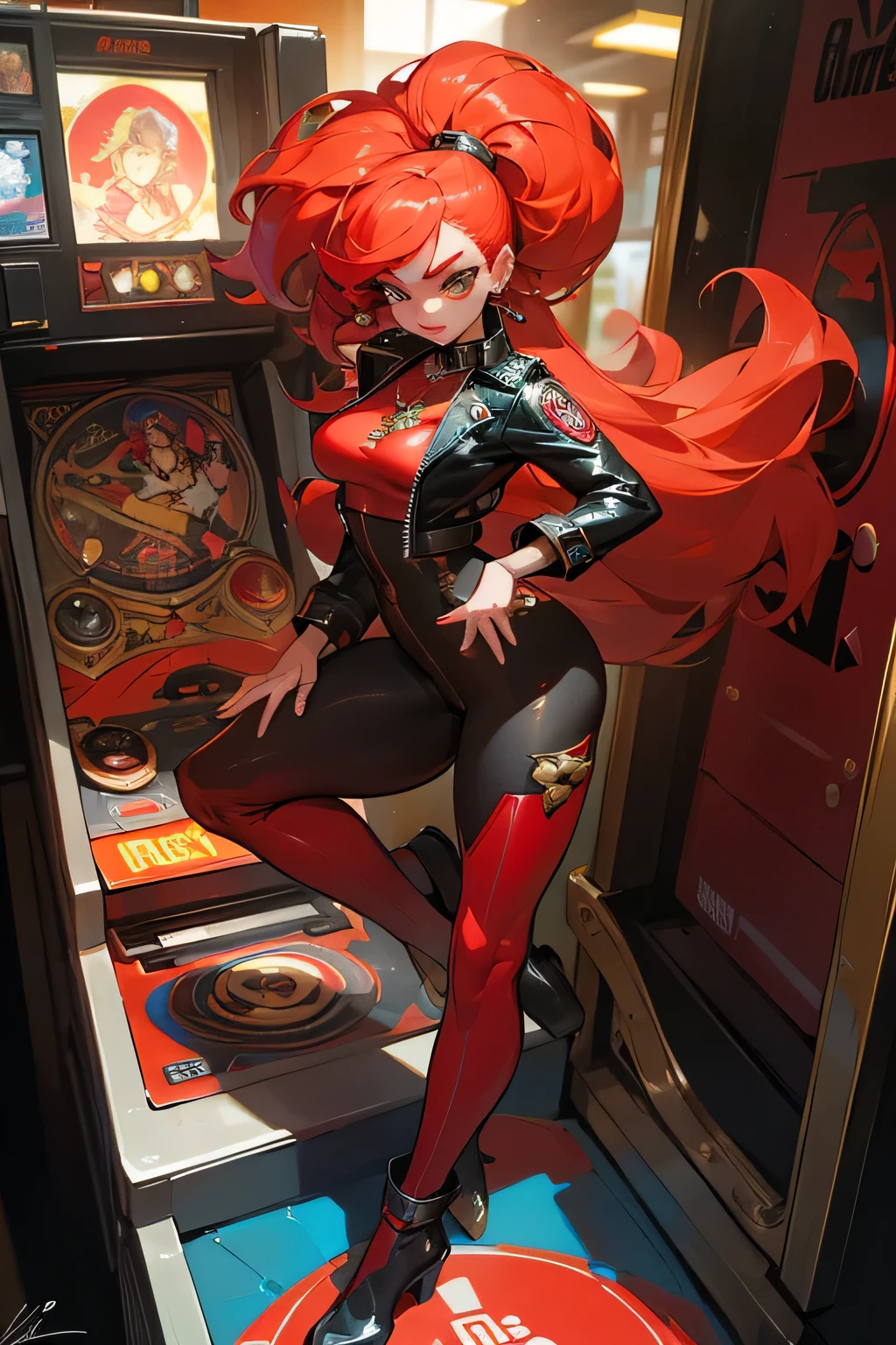 Ruby Steelshot is a vibrant and energetic character with a flair for the dramatic. Standing at an average height, her lithe frame is adorned with an eclectic mix of retro-inspired clothing. Her hair, a fiery red reminiscent of a blazing pinball, is styled in playful curls that bounce with every step. Fullbody pose
She wears a fitted bodysuit in bold colors, adorned with metallic accents that glint in the light. Over the bodysuit, she sports a sleek leather jacket adorned with patches and pins, showcasing her love for vintage style. Her accessories include fingerless gloves studded with metal studs, giving her a rebellious edge.
Ruby's eyes sparkle with mischief, framed by thick lashes and expertly applied eyeliner. A bright red lipstick completes her signature look, adding to her confident demeanor. Around her neck, she wears a pendant shaped like a pinball, a symbol of her passion for the game.