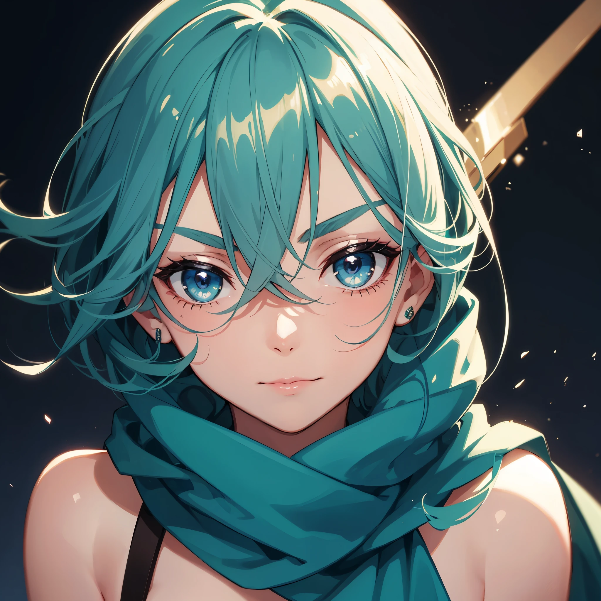 young woman's face partially obscured by a dark teal scarf, highlighting her striking blue eyes, long eyelashes, and well-defined eyebrows. The focus is sharp on her eyes with a soft bokeh background that creates a shallow depth of field. Her brunette hair frames her face, and the image has a cool color tone with a natural light setting. The composition is centered, creating an intimate and engaging portrait with a sense of mystery.